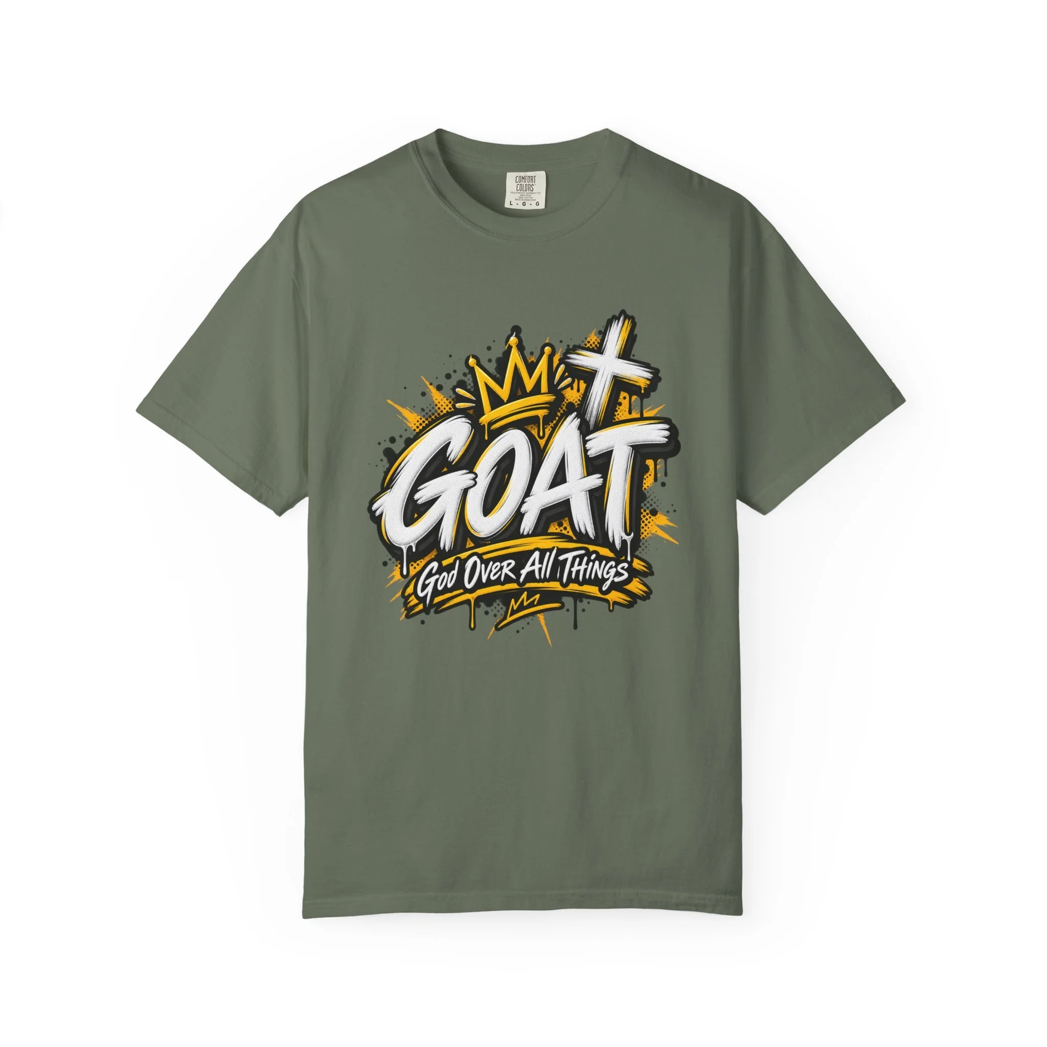 Gren moss unisex t-shirt featuring yellow and white graffiti lettering spelling GOAT, a crown, a cross, and 'God Over All Things'.