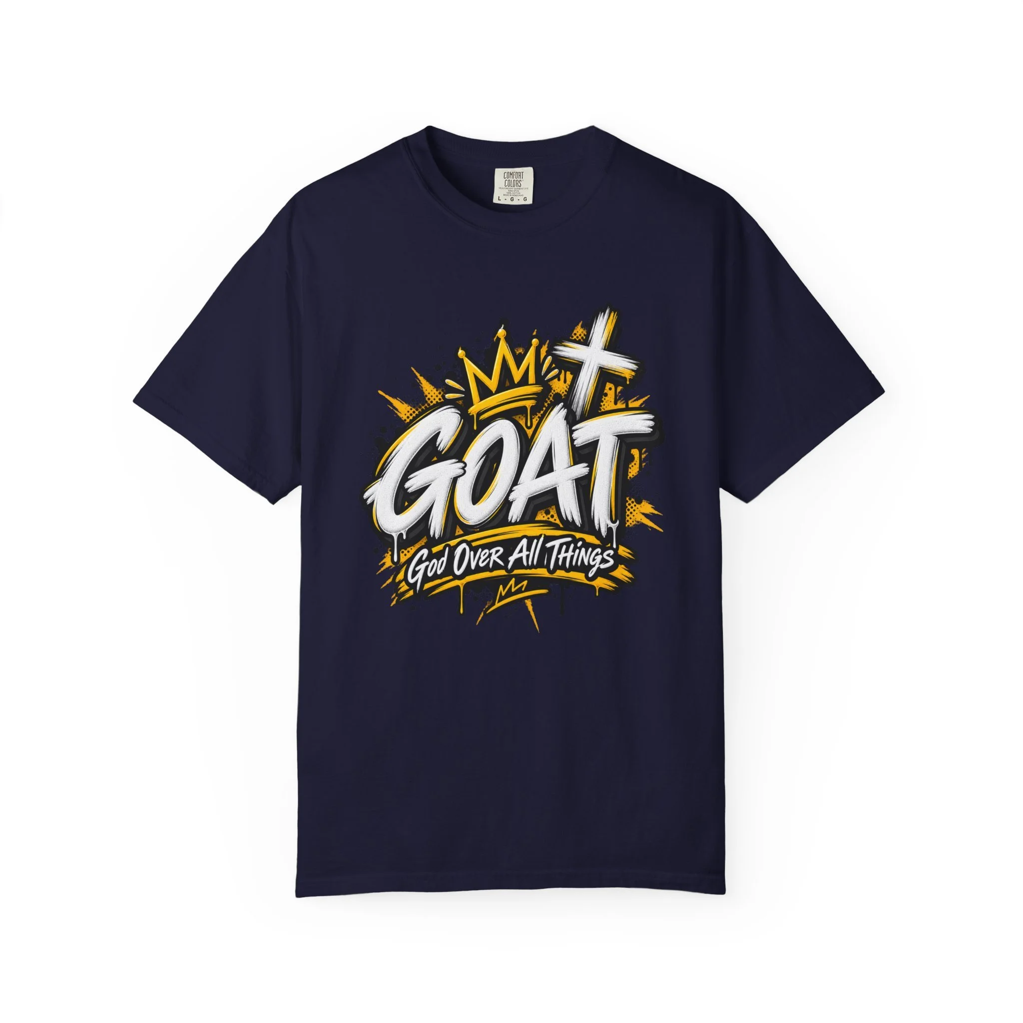 Black unisex t-shirt featuring yellow and white graffiti lettering spelling GOAT, a crown, a cross, and 'God Over All Things'.