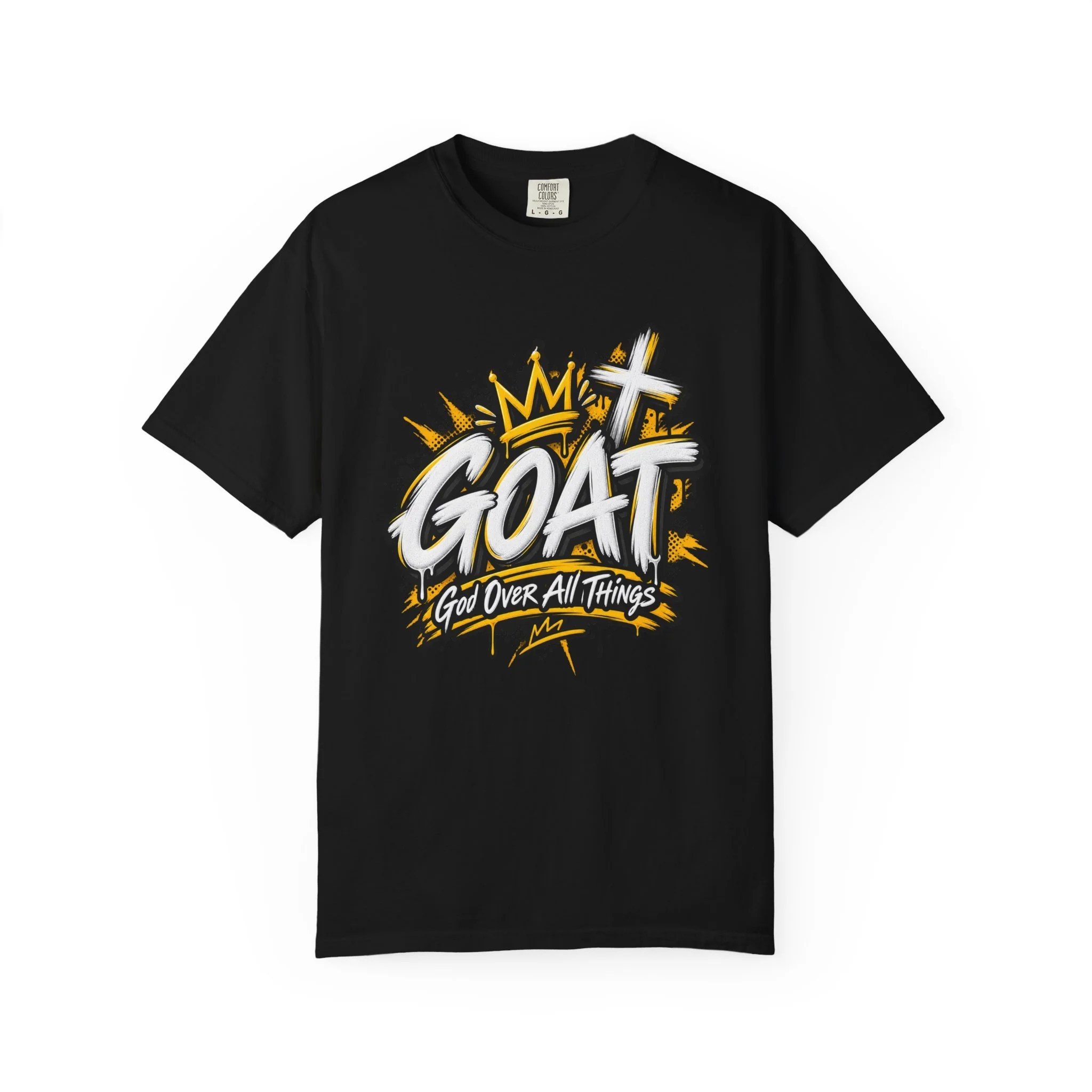 navy blue unisex t-shirt featuring yellow and white graffiti lettering spelling GOAT, a crown, a cross, and 'God Over All Things'.