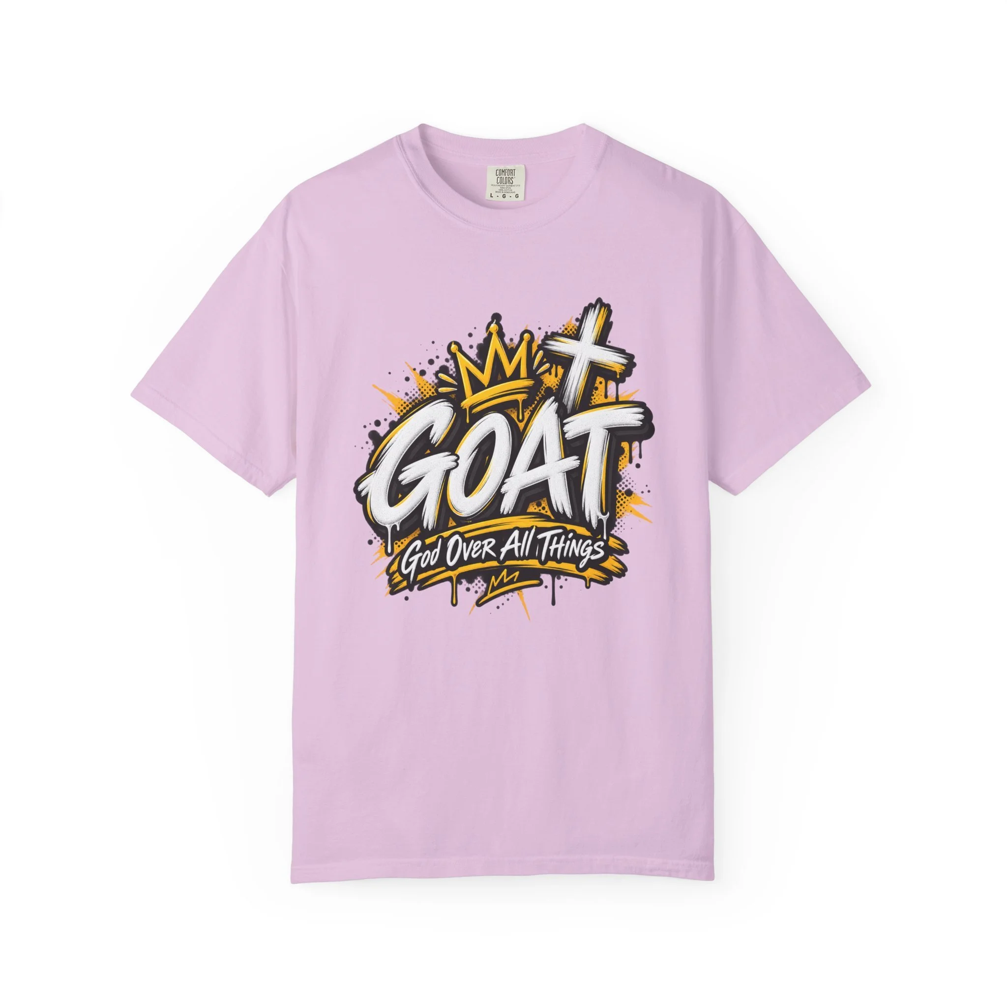 Orchid unisex t-shirt featuring yellow and white graffiti lettering spelling GOAT, a crown, a cross, and 'God Over All Things'.