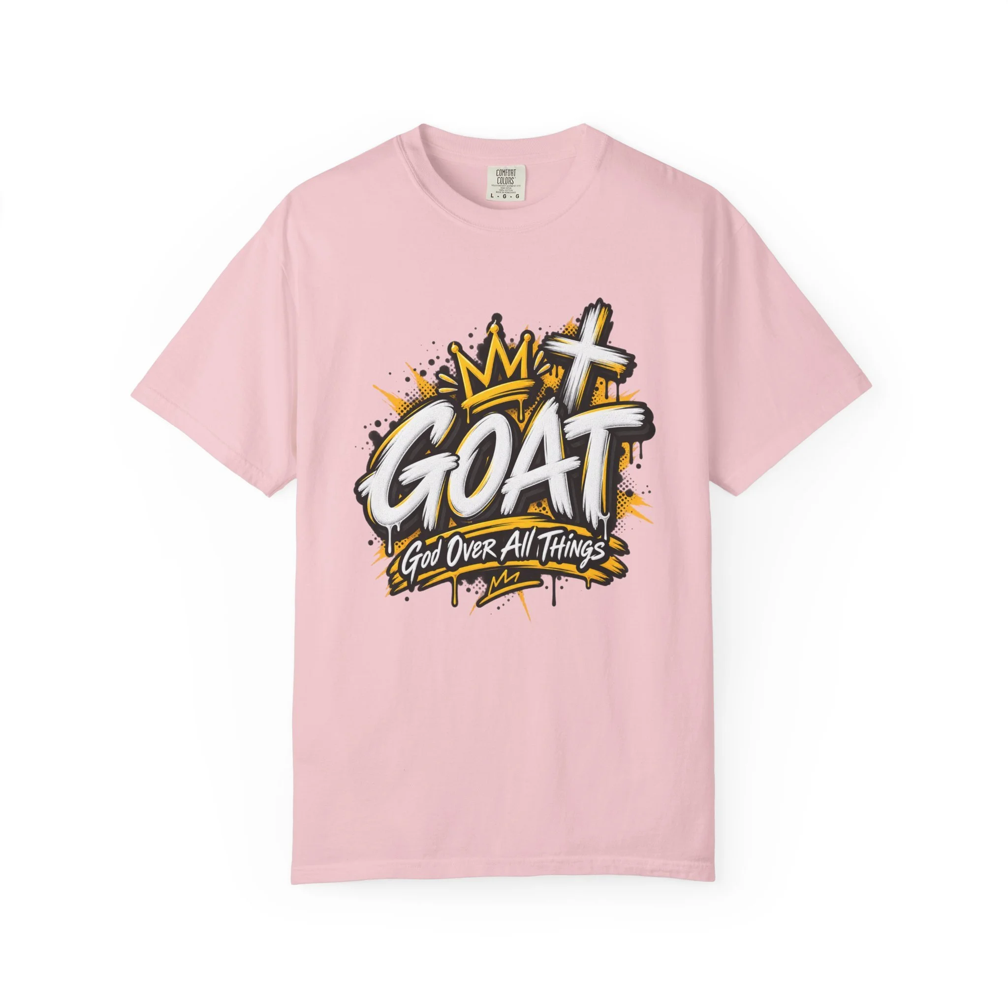 Blossom unisex t-shirt featuring yellow and white graffiti lettering spelling GOAT, a crown, a cross, and 'God Over All Things'.