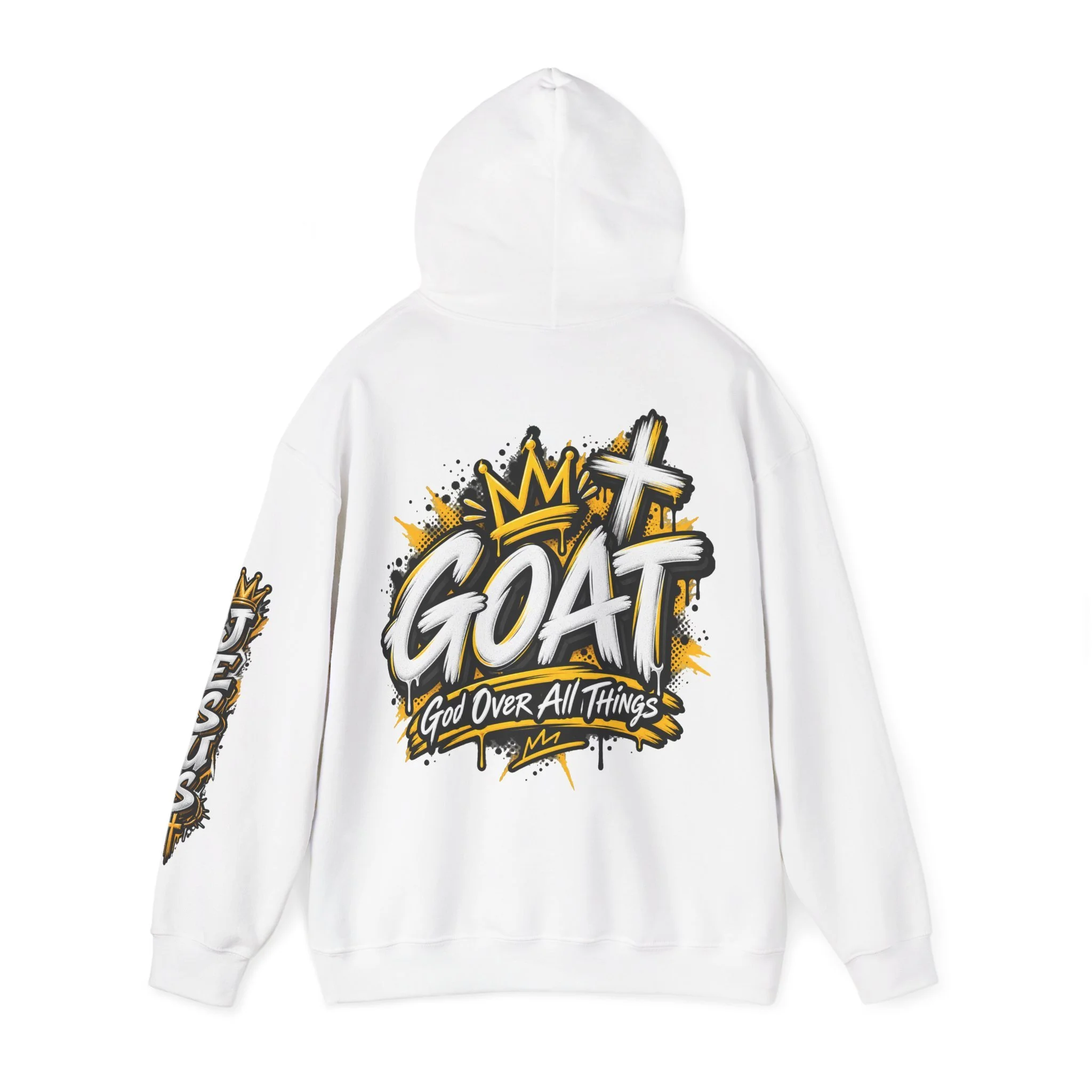 White unisex streetwear hoodie featuring yellow and white graffiti lettering spelling GOAT, a crown, a cross, and 'God Over All Things'.