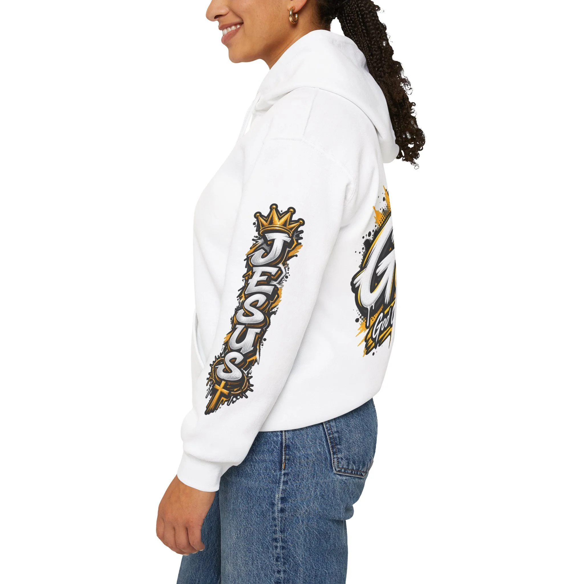 White unisex streetwear hoodie featuring yellow and white graffiti lettering spelling GOAT, a crown, a cross, and 'God Over All Things'.