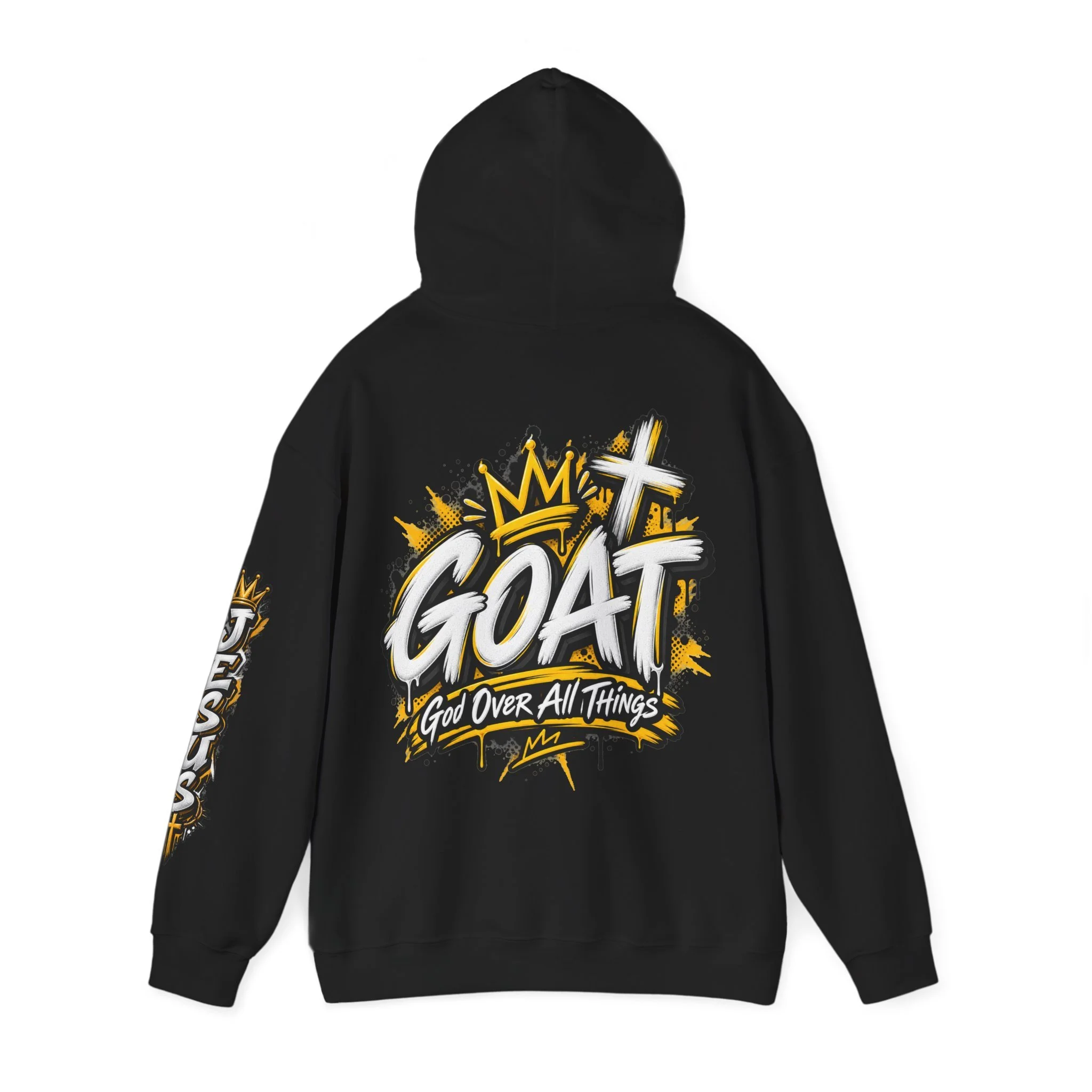 Black unisex streetwear hoodie featuring yellow and white graffiti lettering spelling GOAT, a crown, a cross, and 'God Over All Things'.