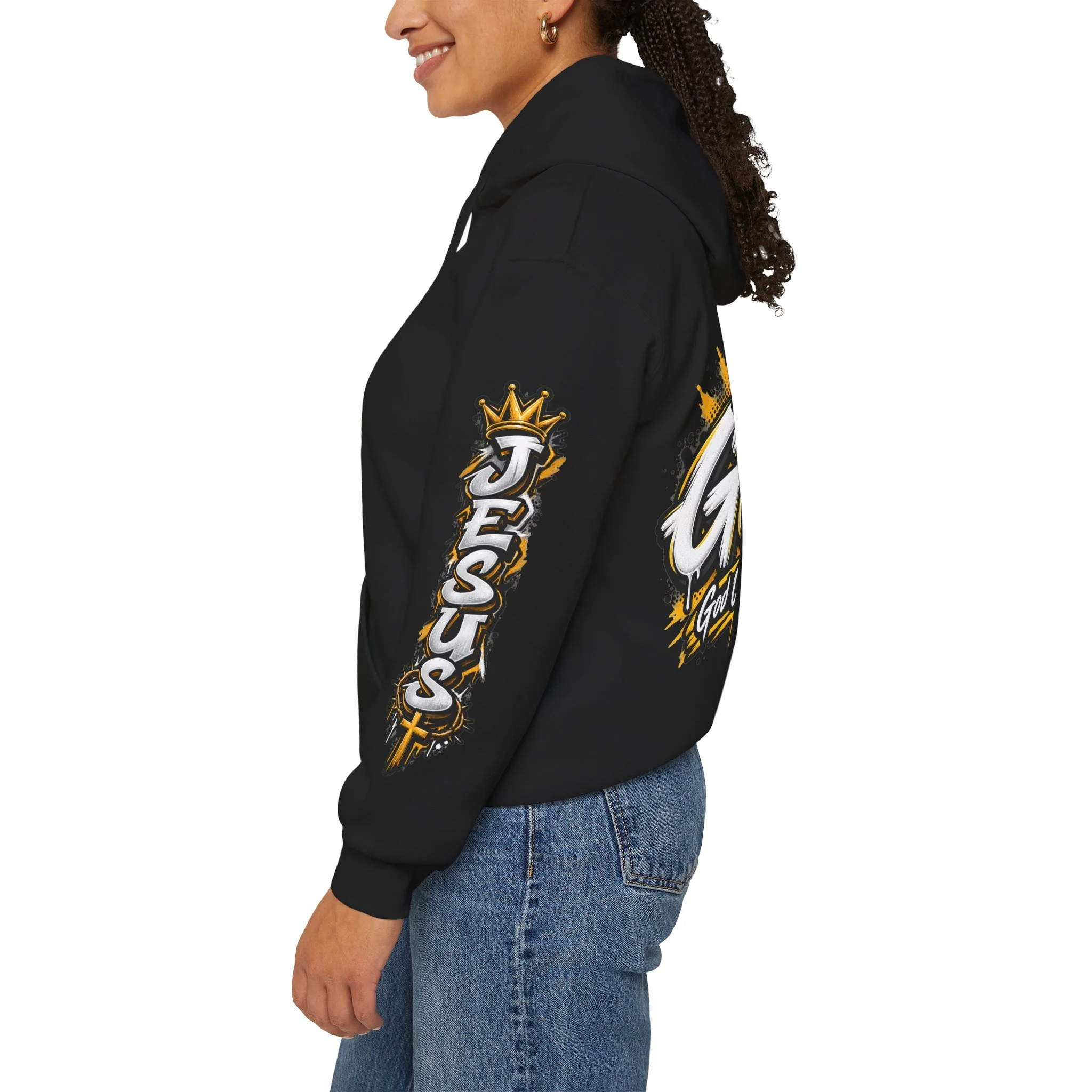 Black unisex streetwear hoodie featuring yellow and white graffiti lettering spelling GOAT, a crown, a cross, and 'God Over All Things'.