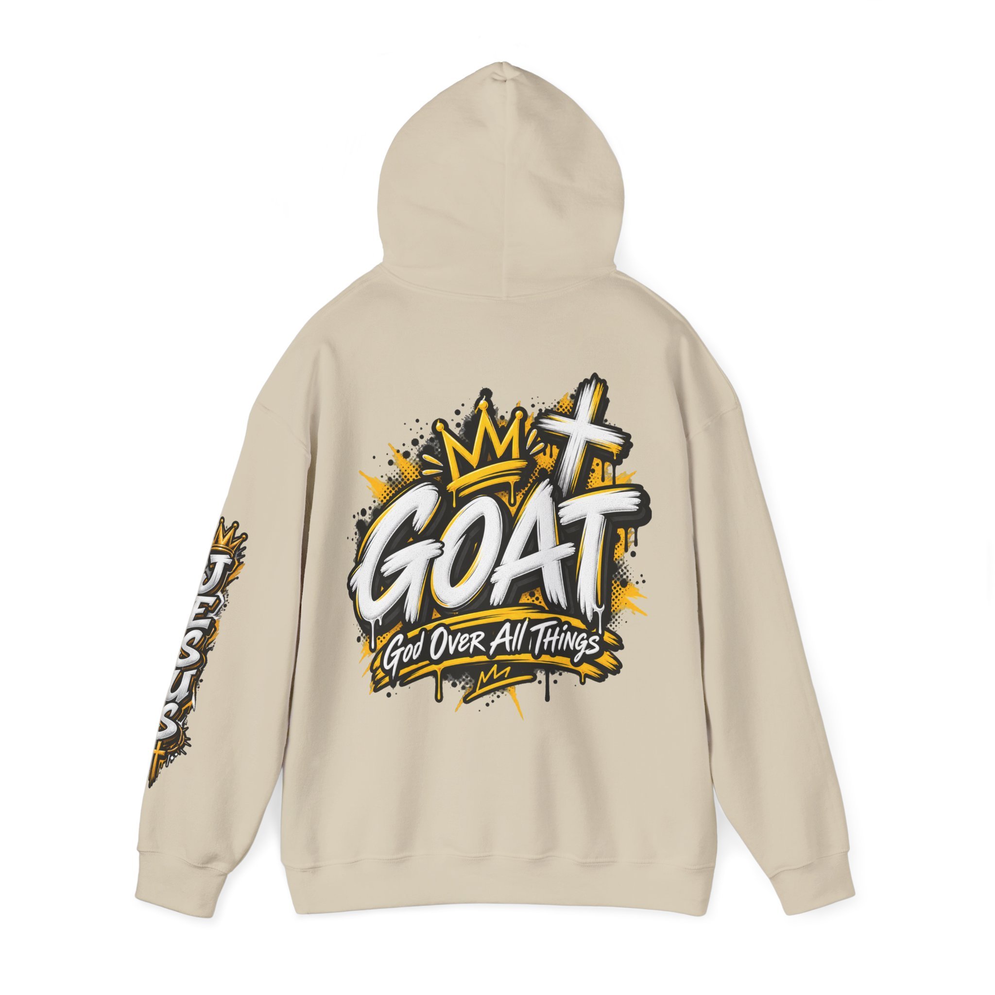 Sand unisex streetwear hoodie featuring yellow and white graffiti lettering spelling GOAT, a crown, a cross, and 'God Over All Things'.