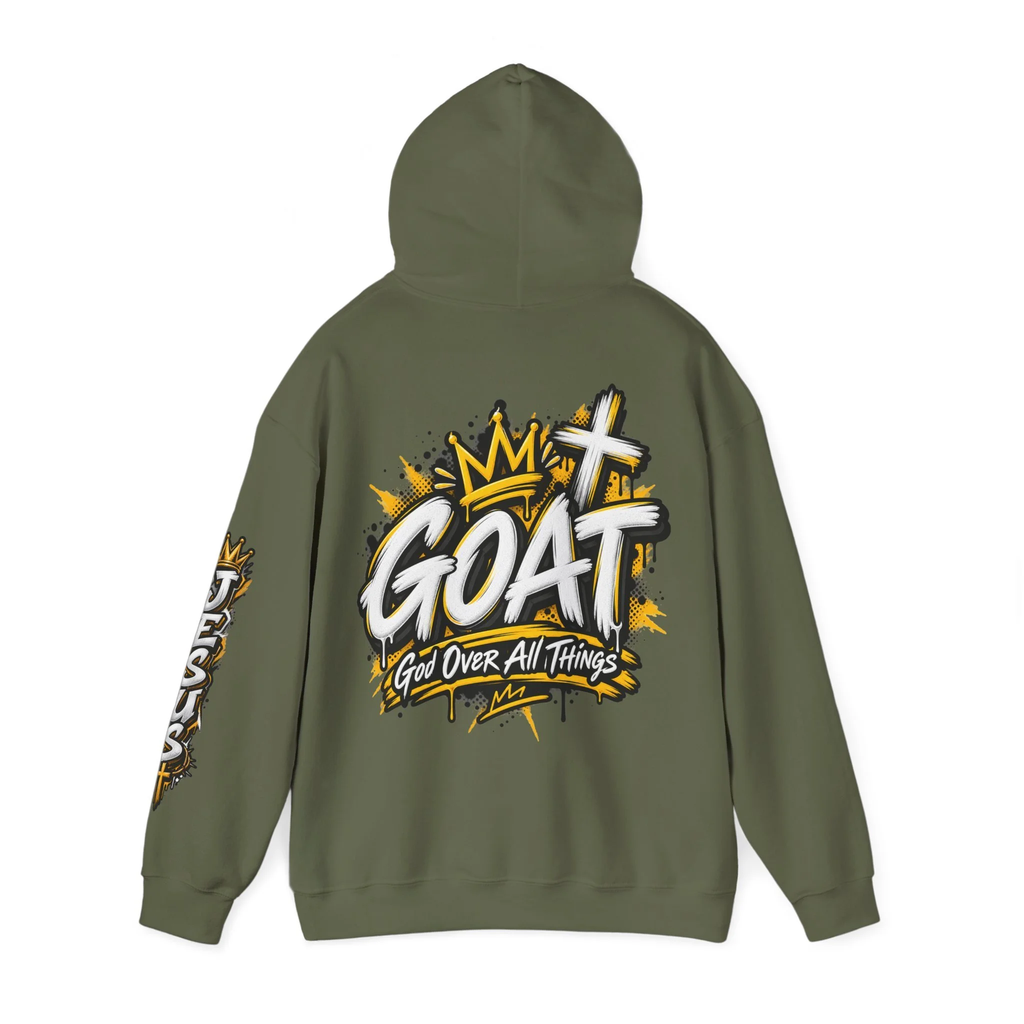 Green moss unisex streetwear hoodie featuring yellow and white graffiti lettering spelling GOAT, a crown, a cross, and 'God Over All Things'.