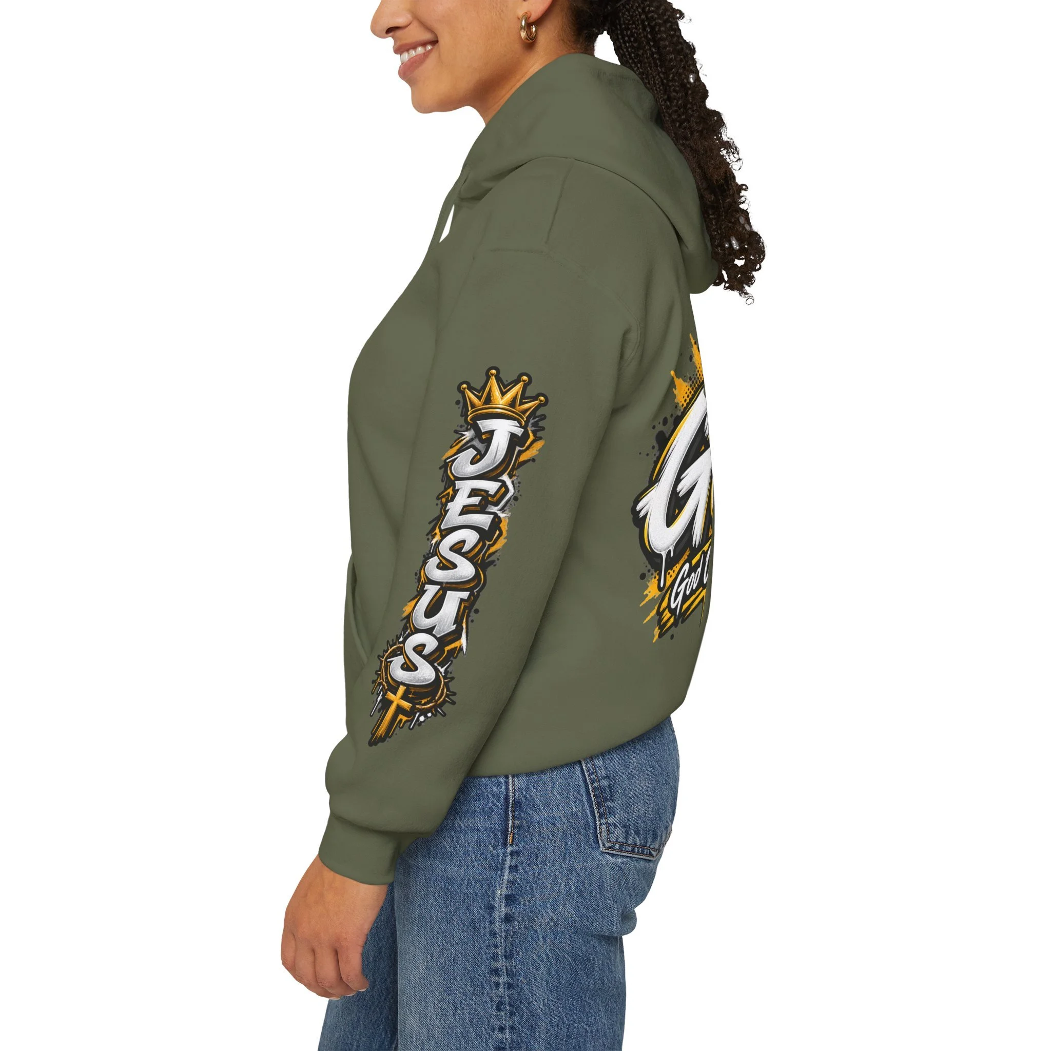 Green moss unisex streetwear hoodie featuring yellow and white graffiti lettering spelling GOAT, a crown, a cross, and 'God Over All Things'.