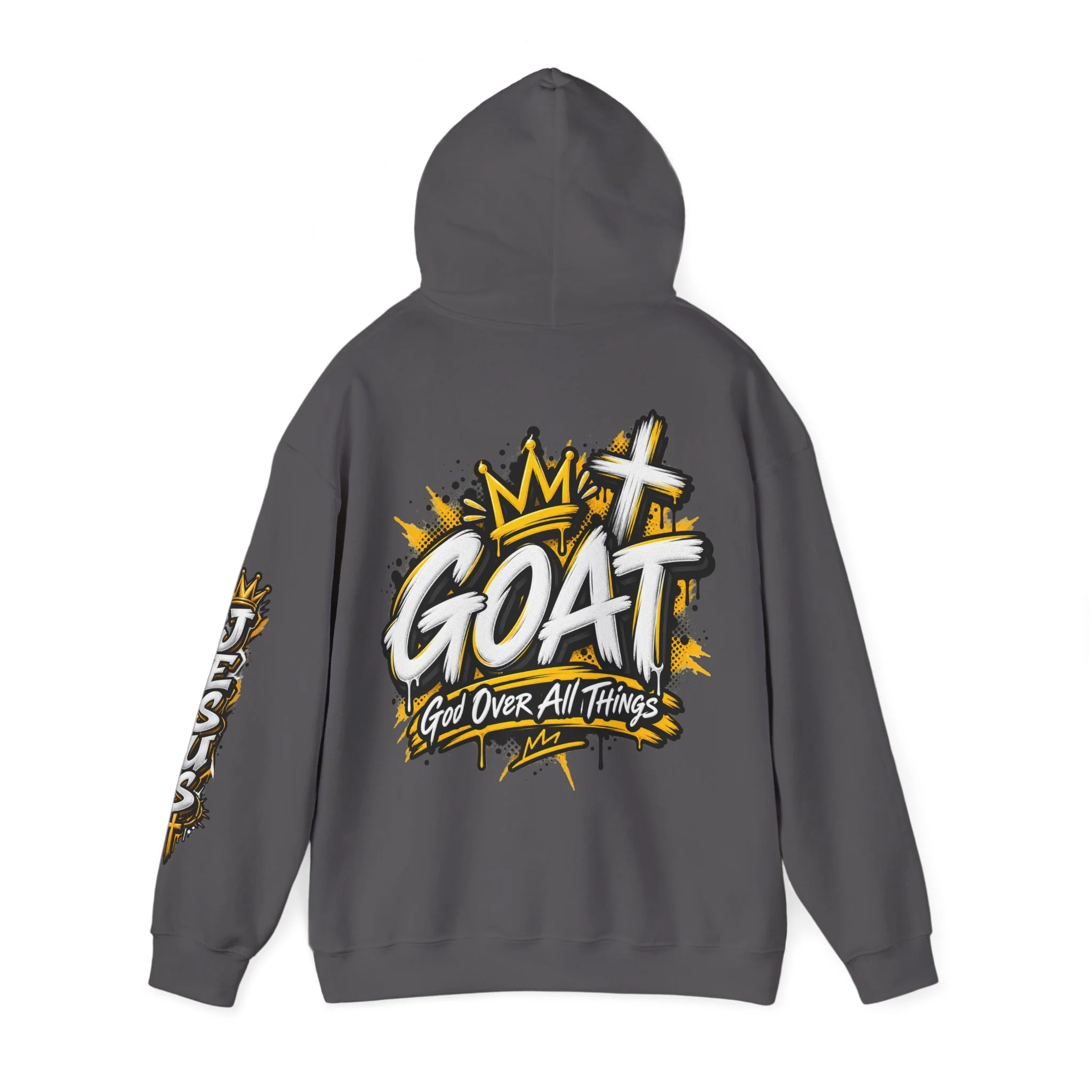 Grey unisex streetwear hoodie featuring yellow and white graffiti lettering spelling GOAT, a crown, a cross, and 'God Over All Things'.