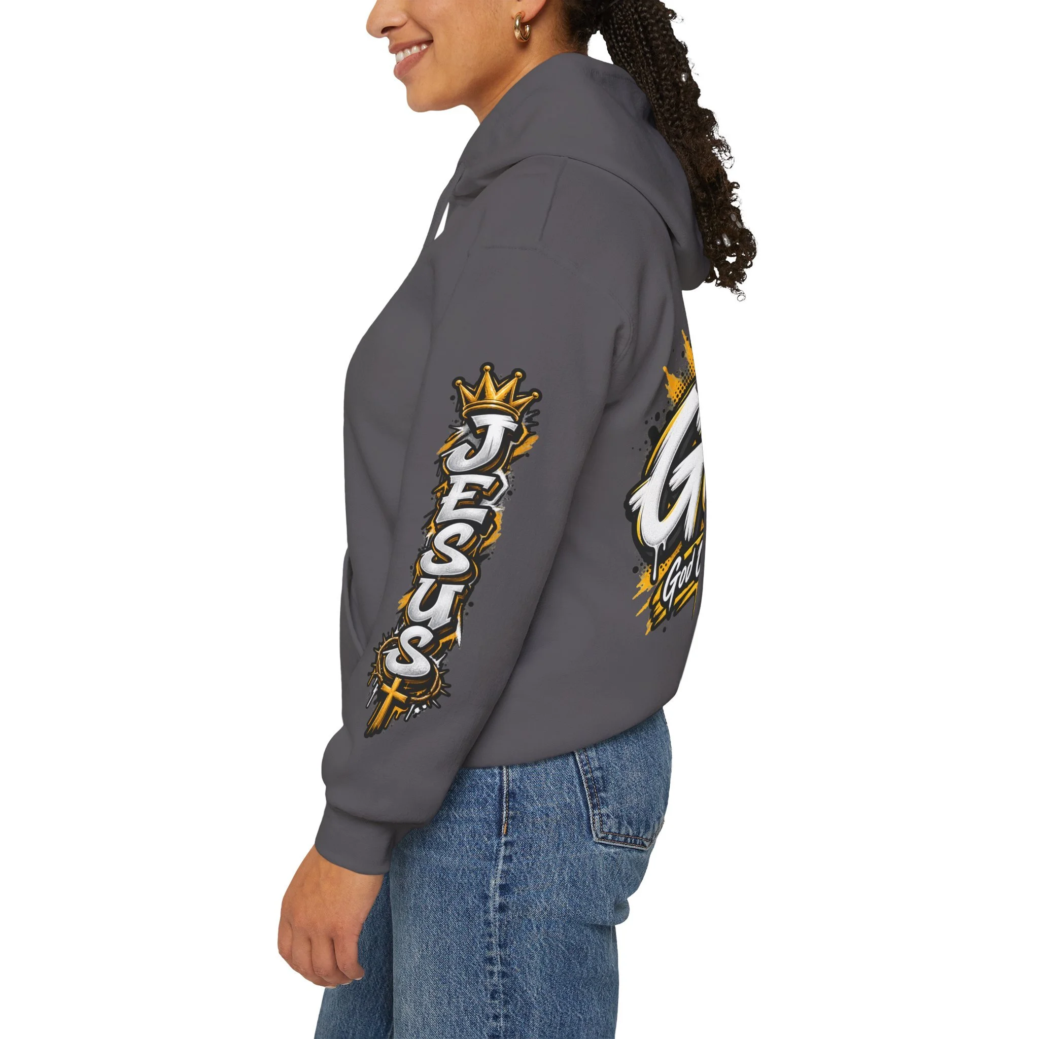 Grey unisex streetwear hoodie featuring yellow and white graffiti lettering spelling GOAT, a crown, a cross, and 'God Over All Things'.