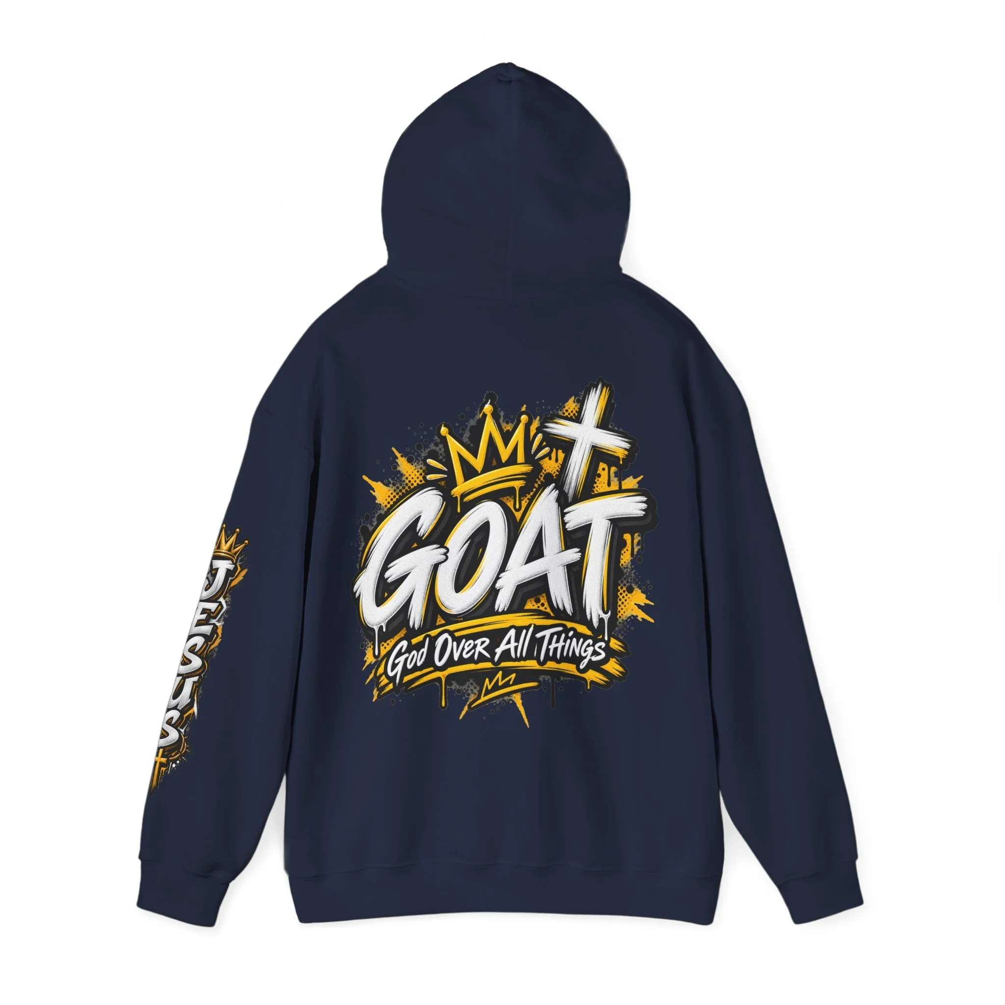Navy blue unisex streetwear hoodie featuring yellow and white graffiti lettering spelling GOAT, a crown, a cross, and 'God Over All Things'.