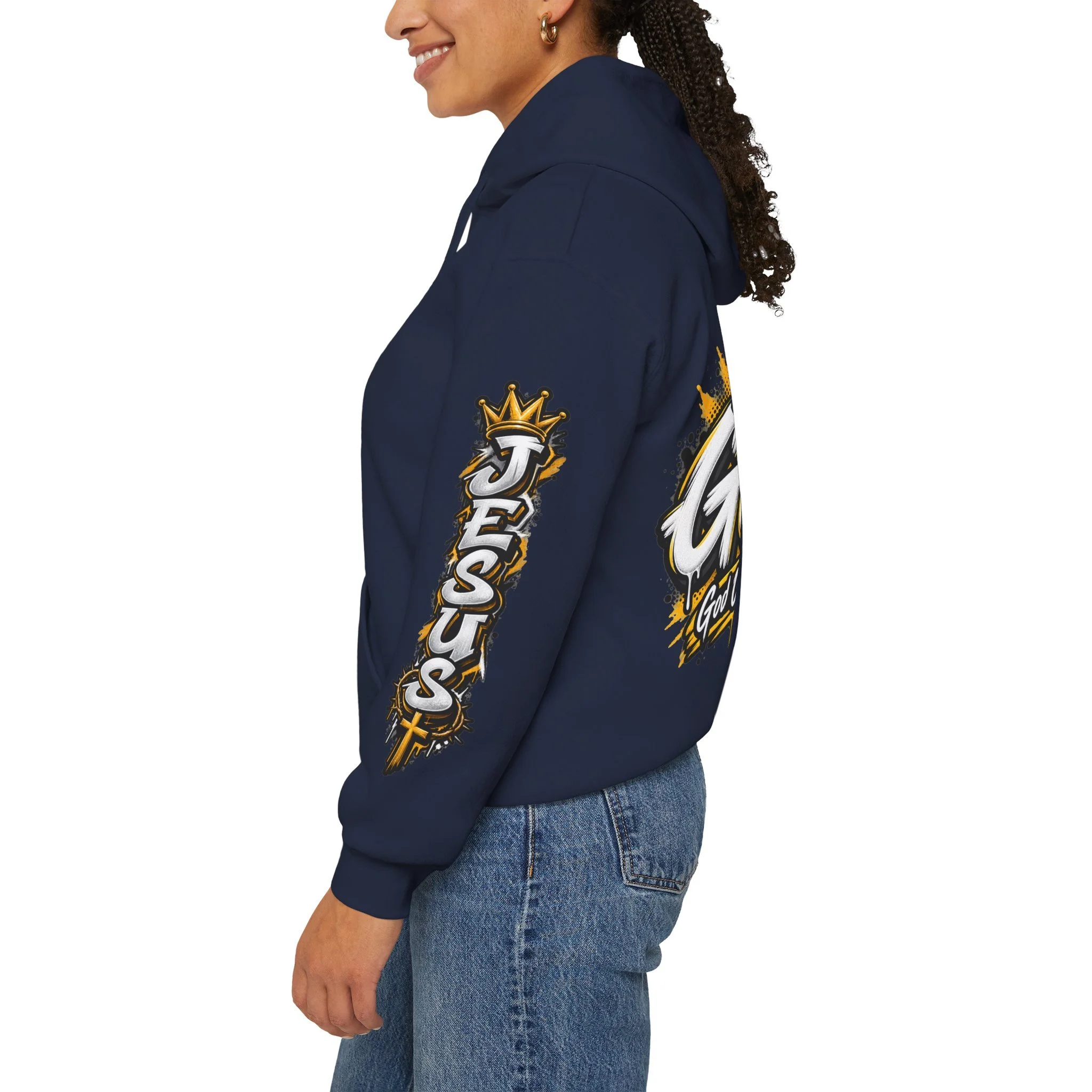 Navy blue unisex streetwear hoodie featuring yellow and white graffiti lettering spelling GOAT, a crown, a cross, and 'God Over All Things'.