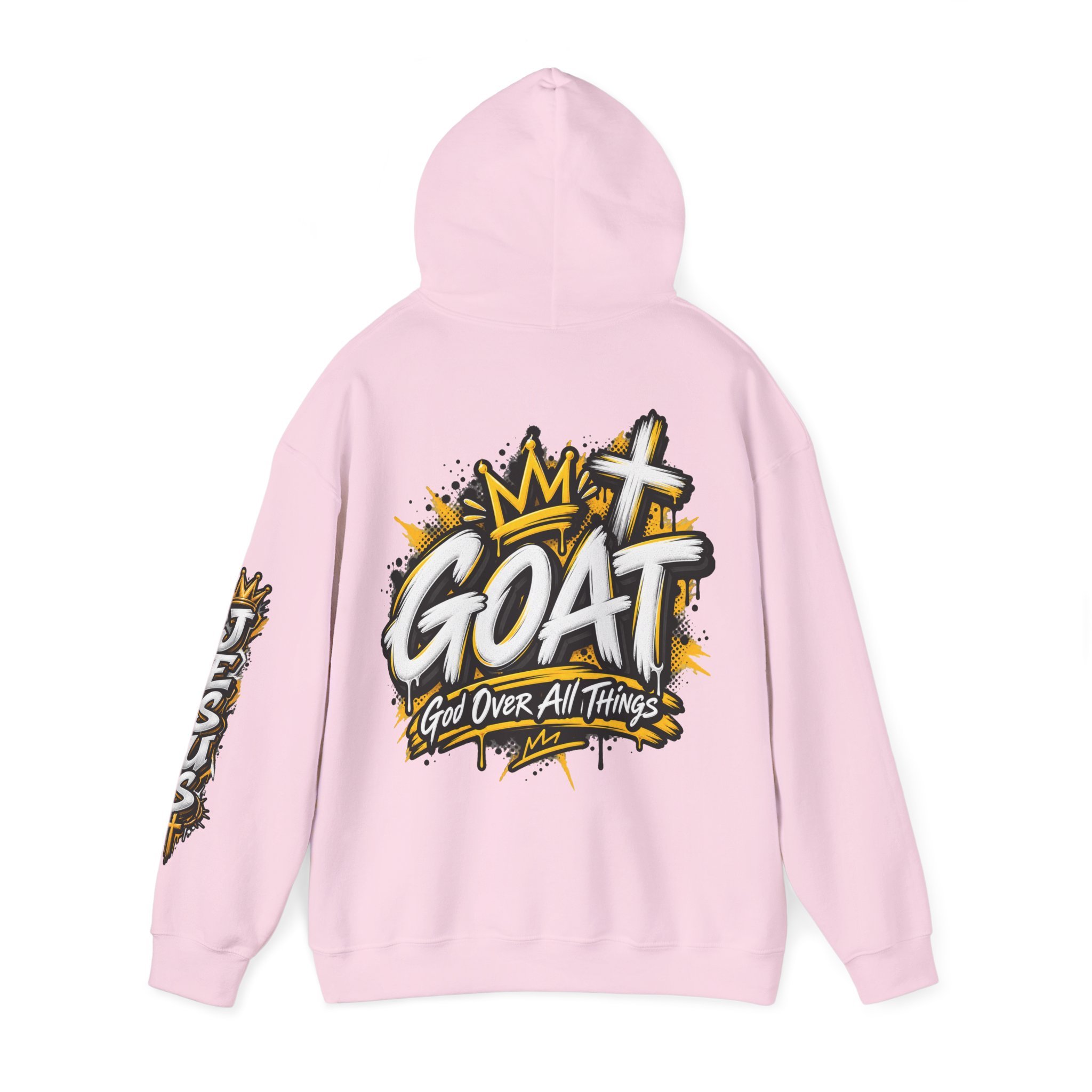Pink unisex streetwear hoodie featuring yellow and white graffiti lettering spelling GOAT, a crown, a cross, and 'God Over All Things'.