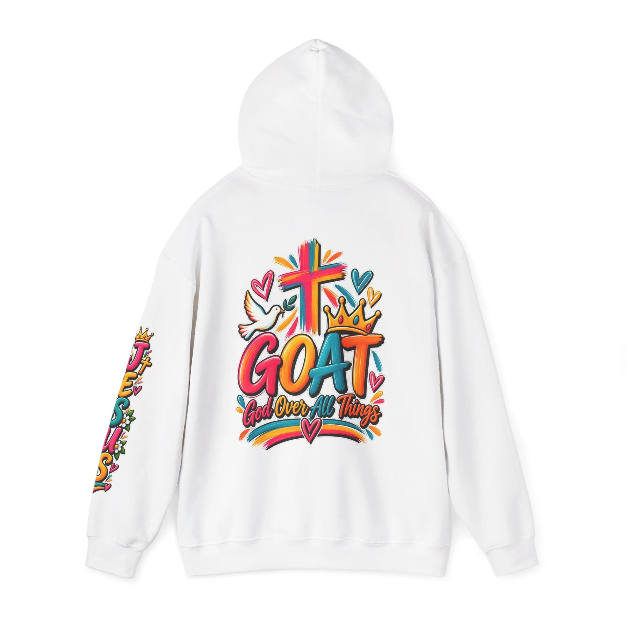 white unisex hoodie featuring colorful, vivid modern lettering spelling GOAT with a cross, a crown, hearts, a dove, and a banner reading "God Over All Things".