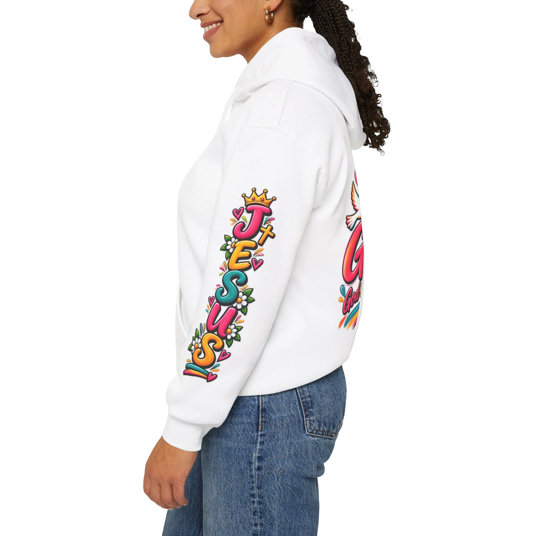White unisex hoodie featuring colorful, vivid modern lettering spelling GOAT with a cross, a crown, hearts, a dove, and a banner reading "God Over All Things".
