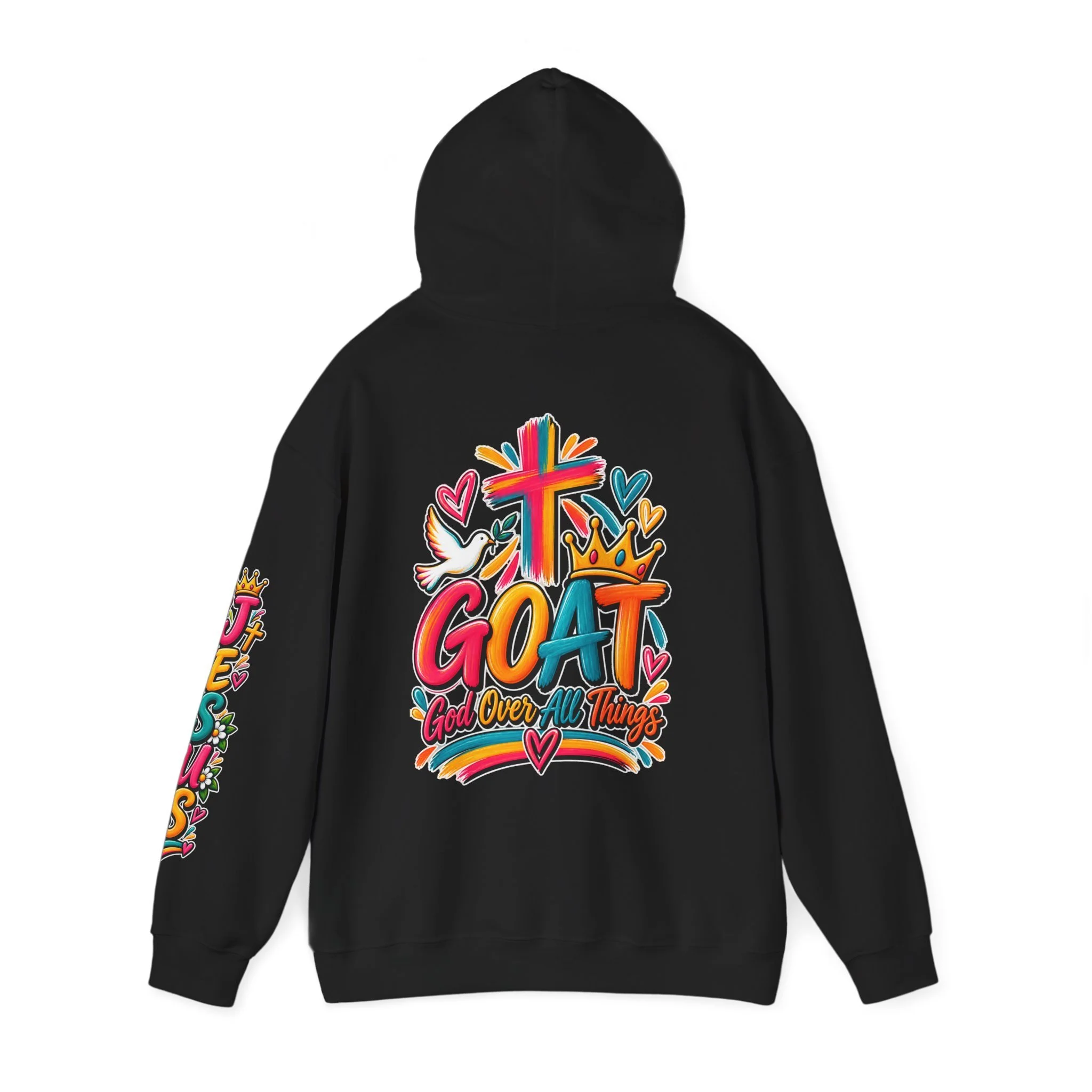 Black unisex hoodie featuring colorful, vivid modern lettering spelling GOAT with a cross, a crown, hearts, a dove, and a banner reading "God Over All Things".