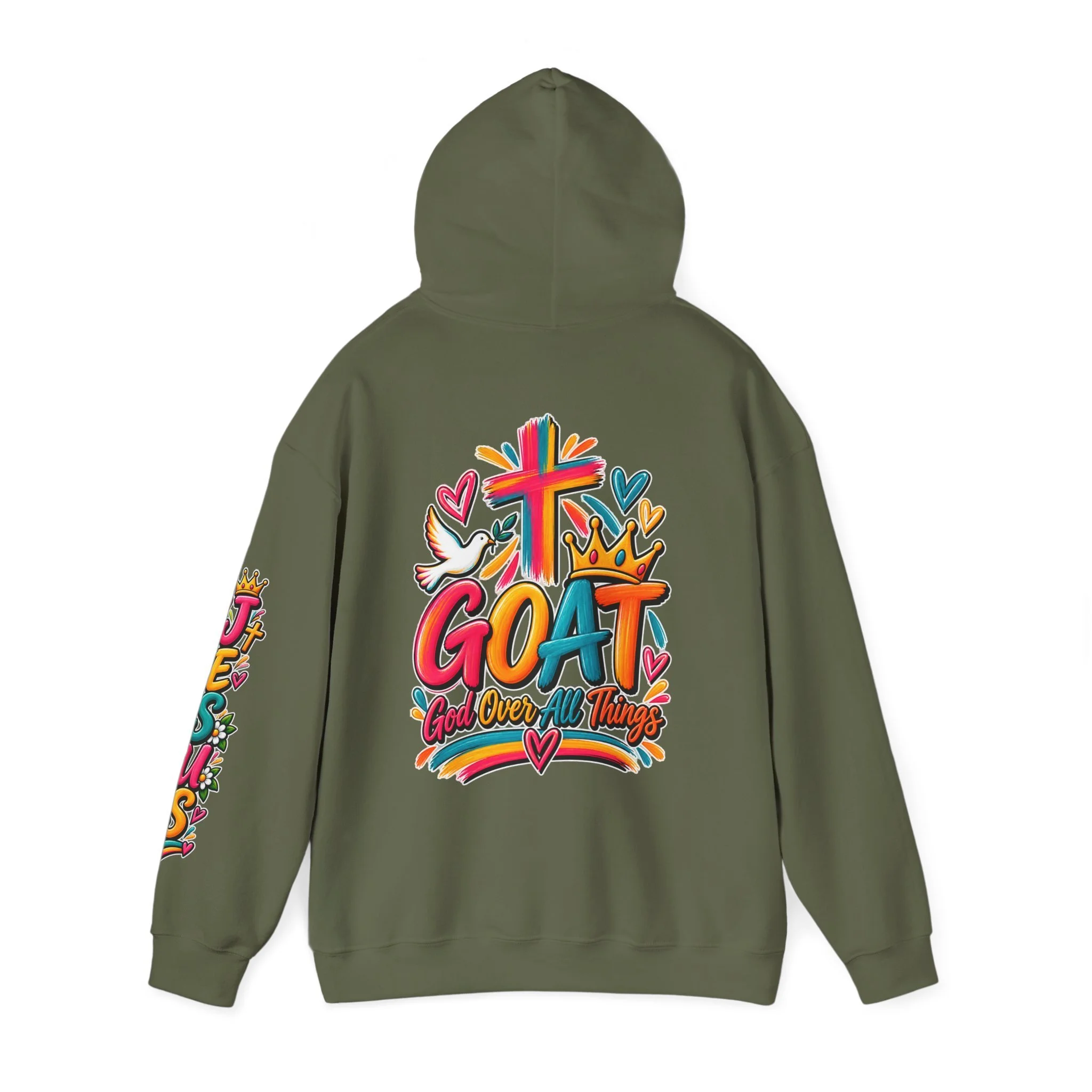 Military green unisex hoodie featuring colorful, vivid modern lettering spelling GOAT with a cross, a crown, hearts, a dove, and a banner reading "God Over All Things".