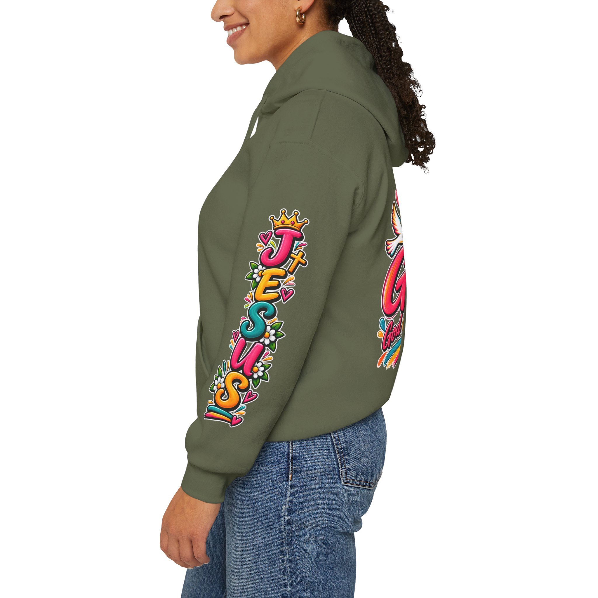 Military green unisex hoodie featuring colorful, vivid modern lettering spelling GOAT with a cross, a crown, hearts, a dove, and a banner reading "God Over All Things".