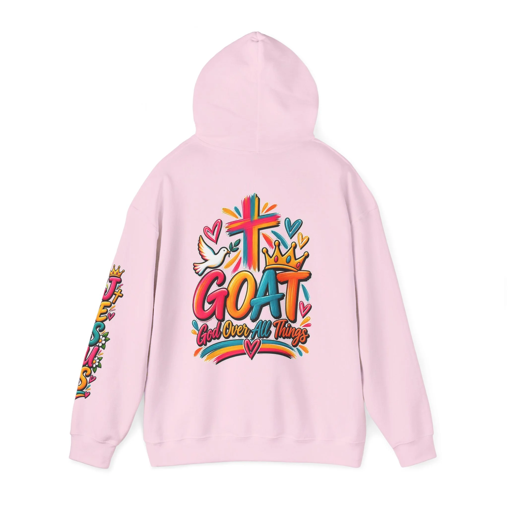 Pink unisex hoodie featuring colorful, vivid modern lettering spelling GOAT with a cross, a crown, hearts, a dove, and a banner reading "God Over All Things".