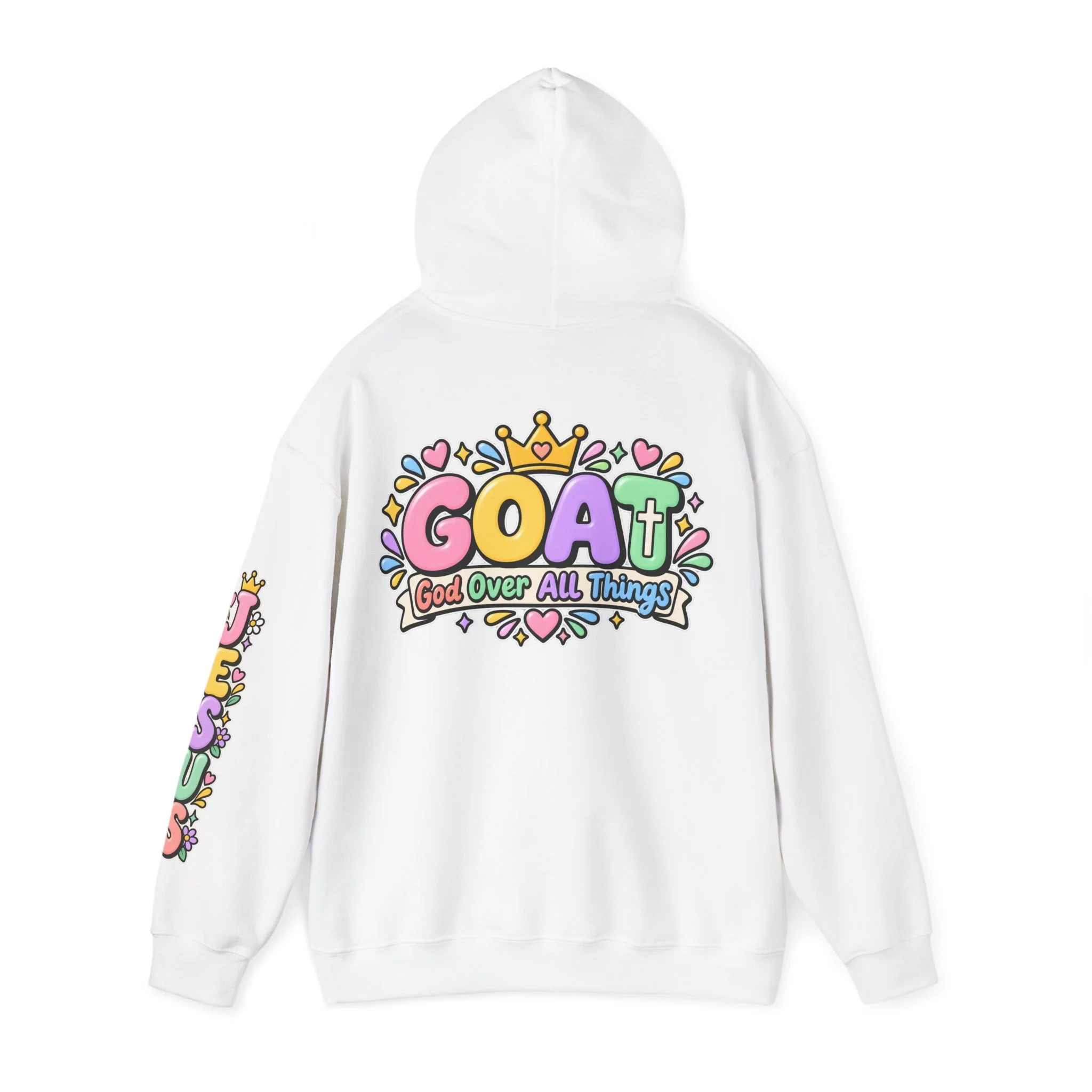 White unisex hoodie featuring cute 3D pastel bubble letters spelling GOAT with a crown, a cross integrated into the letter T, hearts, sparkles, and a banner reading "God Over All Things".