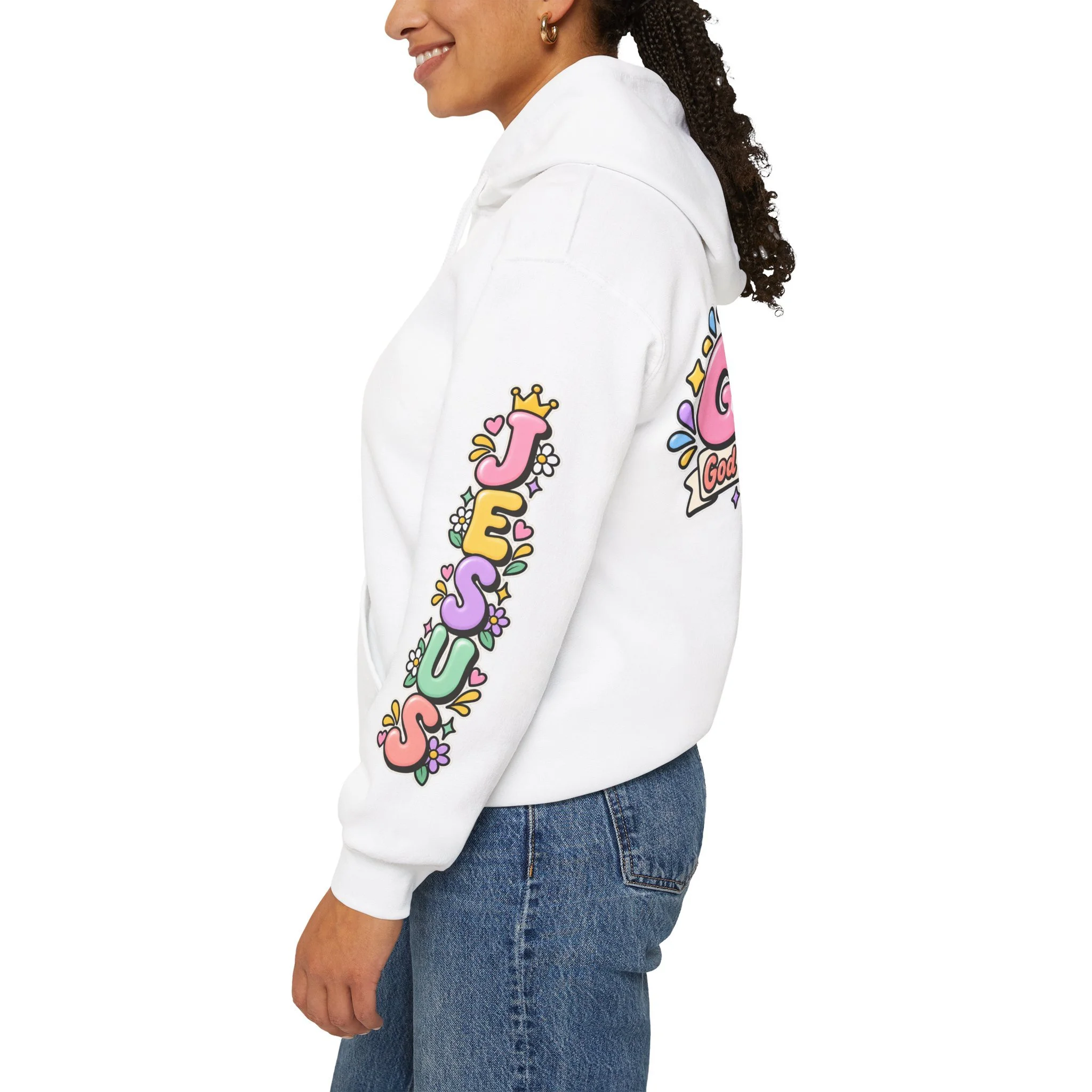 White unisex hoodie featuring cute 3D pastel bubble letters spelling GOAT with a crown, a cross integrated into the letter T, hearts, sparkles, and a banner reading "God Over All Things".