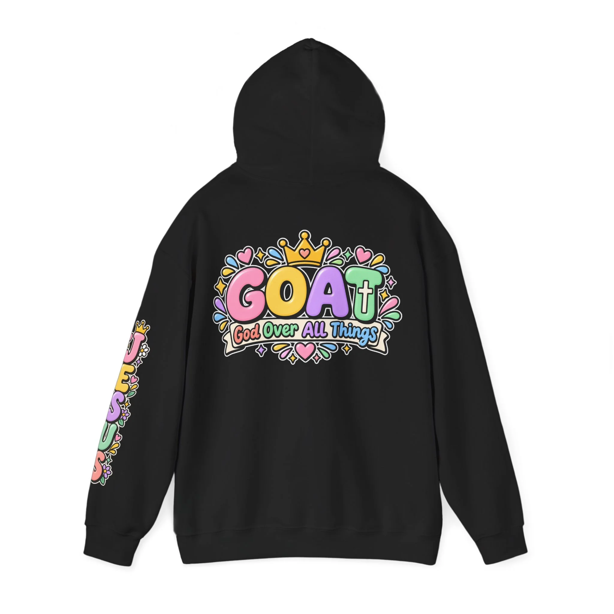 Black unisex hoodie featuring cute 3D pastel bubble letters spelling GOAT with a crown, a cross integrated into the letter T, hearts, sparkles, and a banner reading "God Over All Things".