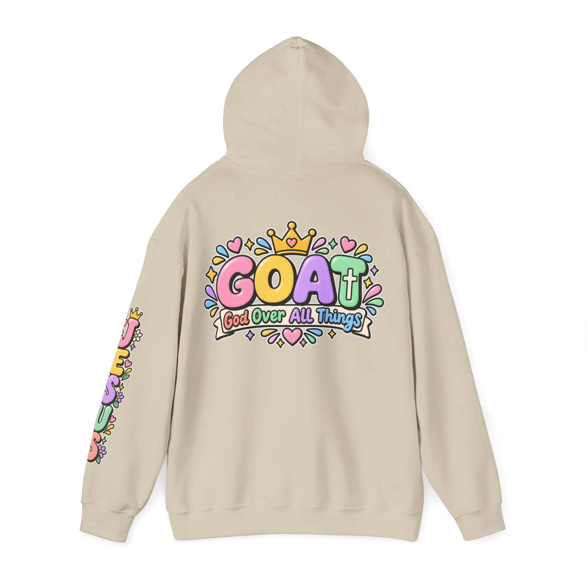 Sand unisex hoodie featuring cute 3D pastel bubble letters spelling GOAT with a crown, a cross integrated into the letter T, hearts, sparkles, and a banner reading "God Over All Things".