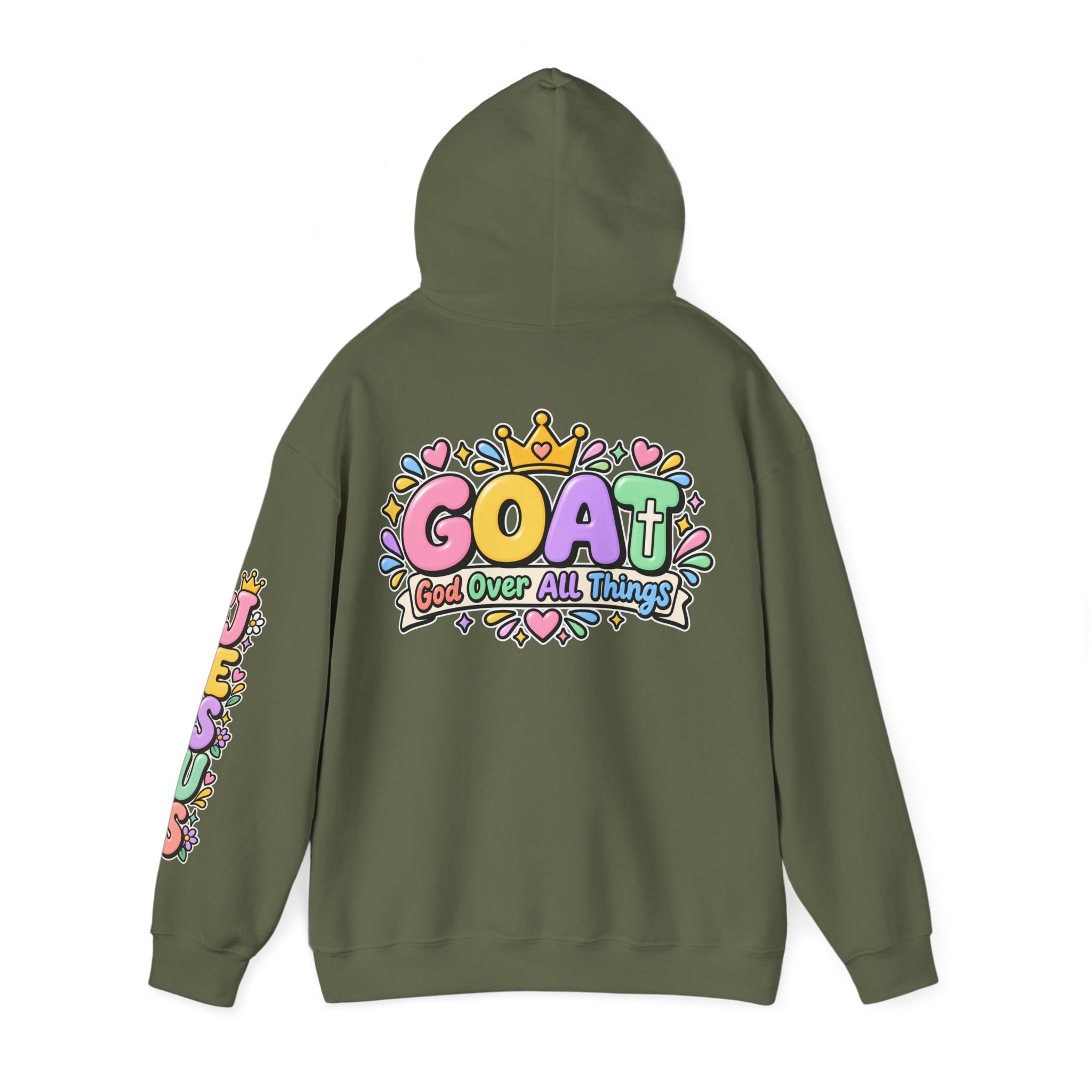 Military green unisex hoodie featuring cute 3D pastel bubble letters spelling GOAT with a crown, a cross integrated into the letter T, hearts, sparkles, and a banner reading "God Over All Things".