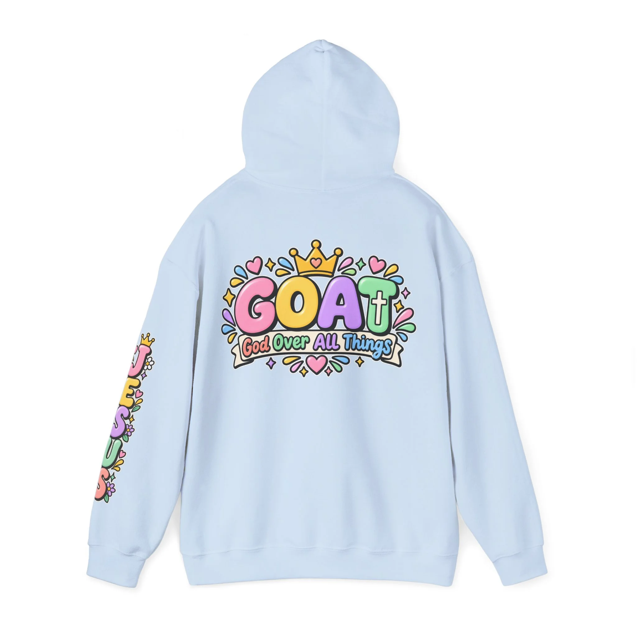 Light blue unisex hoodie featuring cute 3D pastel bubble letters spelling GOAT with a crown, a cross integrated into the letter T, hearts, sparkles, and a banner reading "God Over All Things".