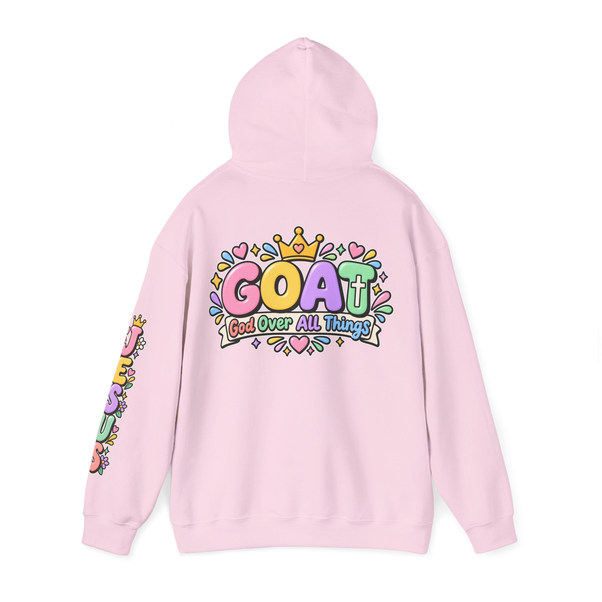 Light pink unisex hoodie featuring cute 3D pastel bubble letters spelling GOAT with a crown, a cross integrated into the letter T, hearts, sparkles, and a banner reading "God Over All Things".