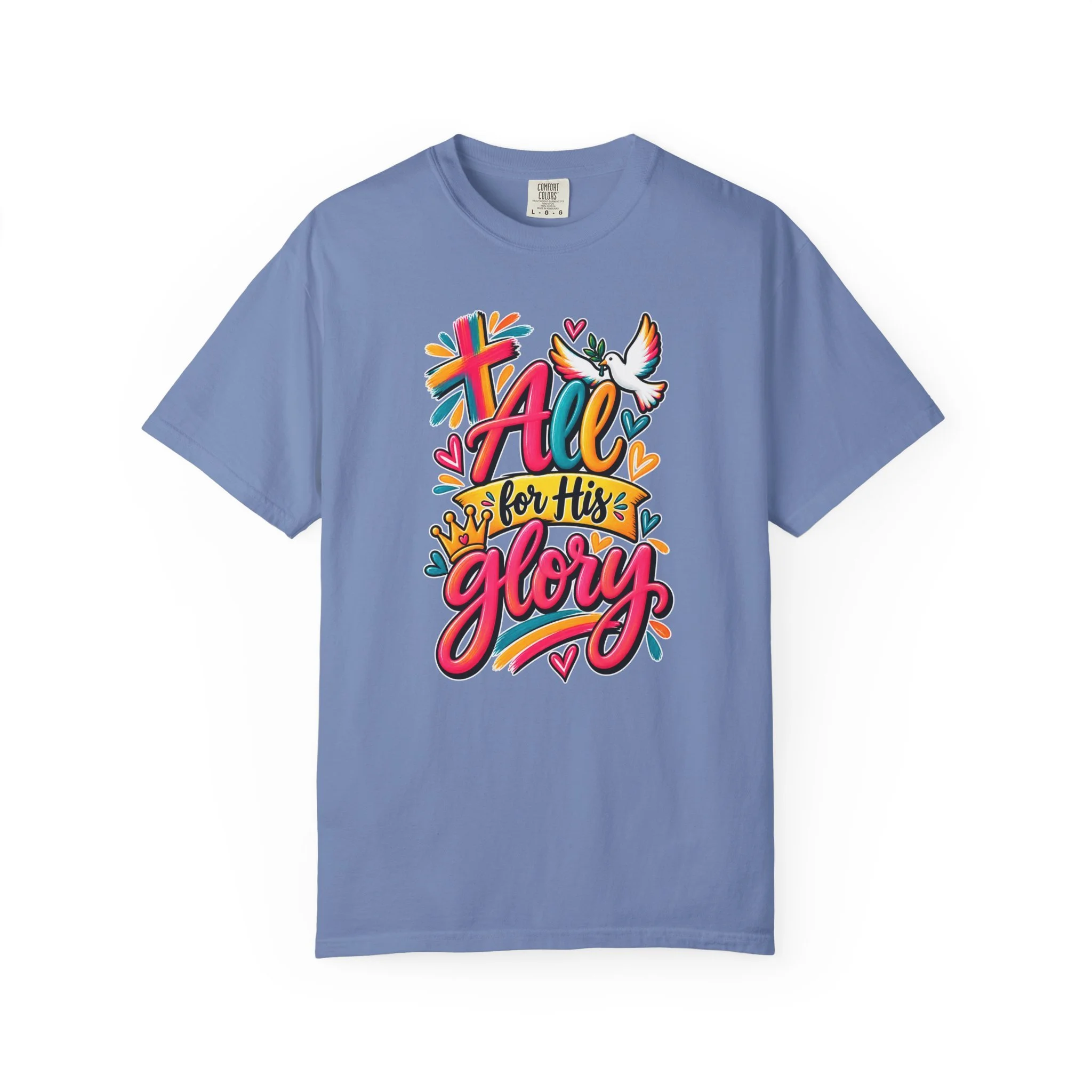 Denim blue unisex t-shirt graphic showing bright, colorful modern handwriting spelling "All for His Glory", surrounded by a painted cross, a crown, hearts, and a white dove