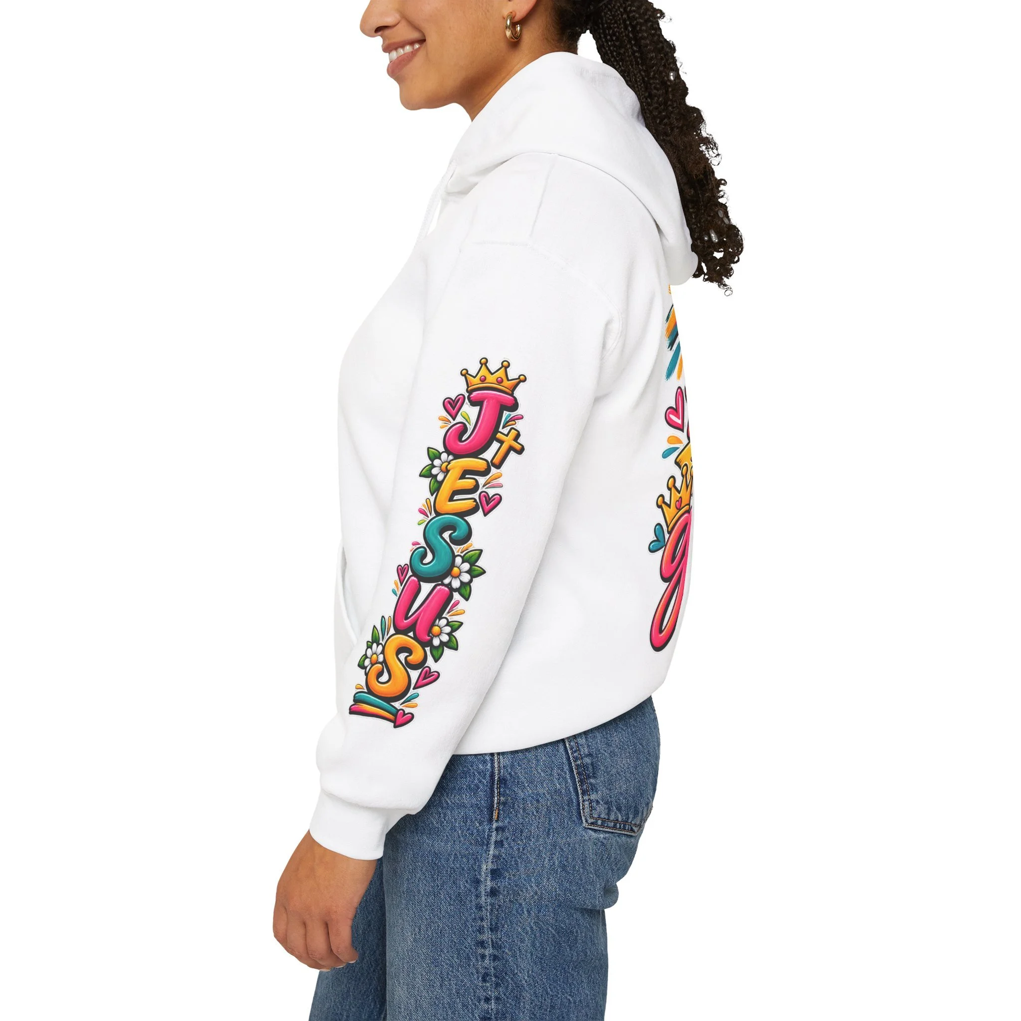 White unisex hoodie featuring vibrant, colorful modern script that reads "All for His Glory", accented with a painted cross, a crown, a dove carrying an olive branch, and hearts.