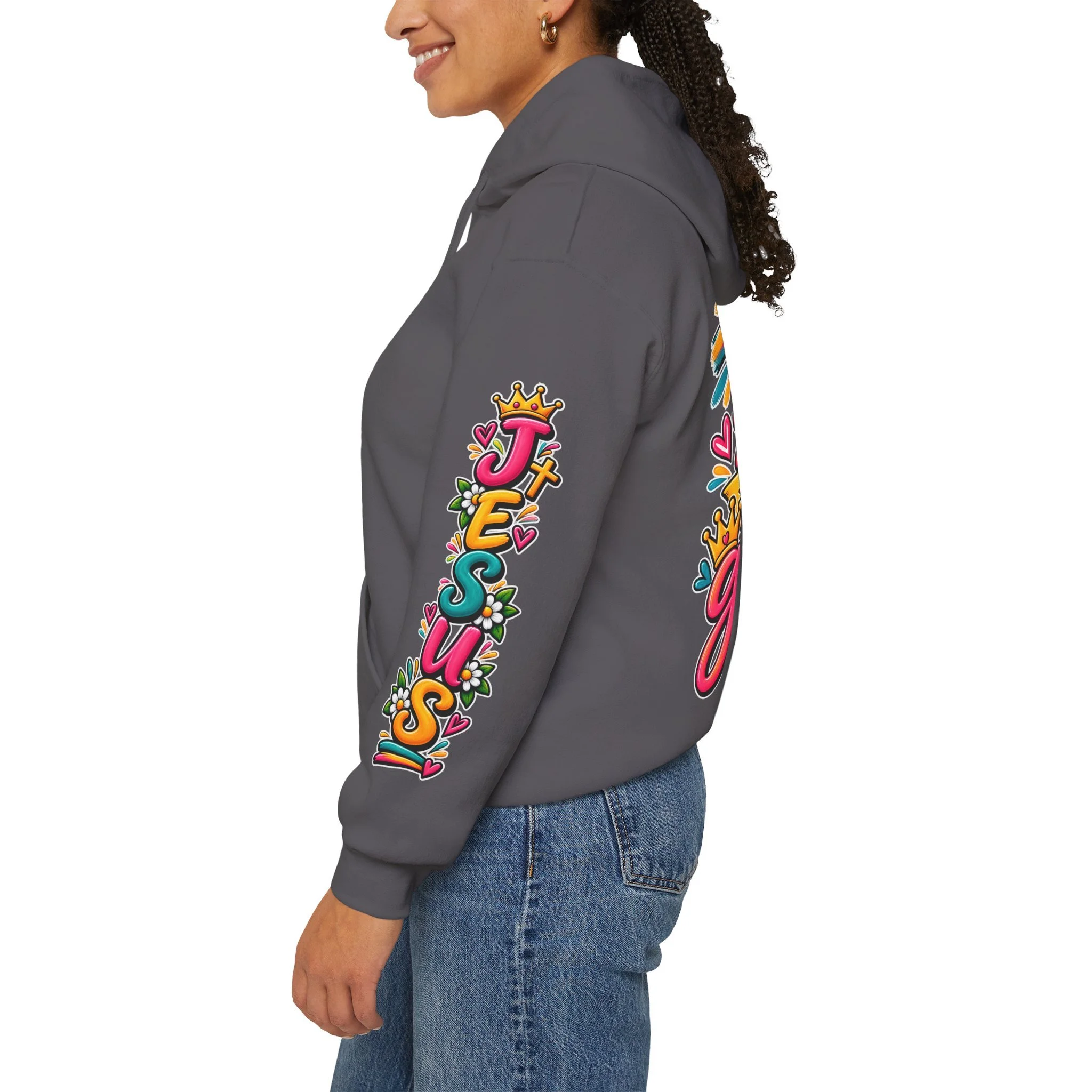 Grey unisex hoodie featuring vibrant, colorful modern script that reads "All for His Glory", accented with a painted cross, a crown, a dove carrying an olive branch, and hearts.
