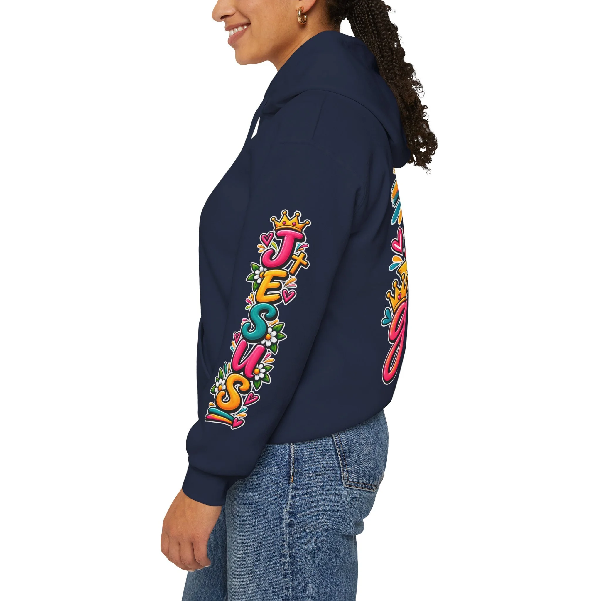 Navy blue unisex hoodie featuring vibrant, colorful modern script that reads "All for His Glory", accented with a painted cross, a crown, a dove carrying an olive branch, and hearts.