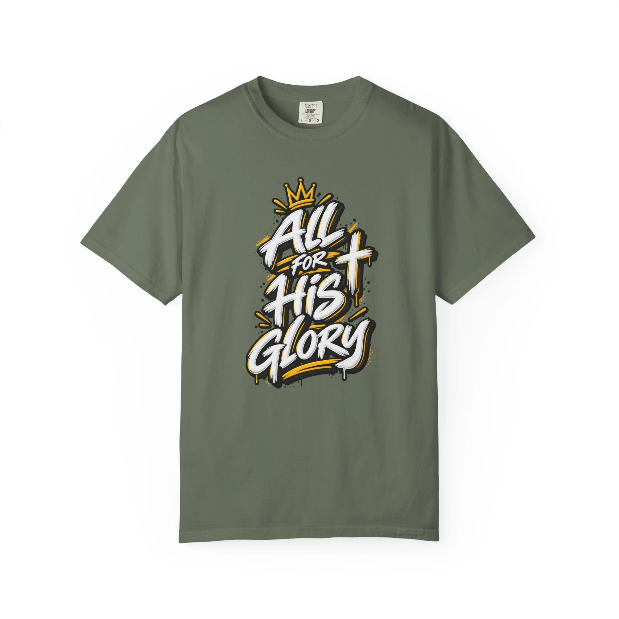 Gree unisex streetwear t-shirt featuring a high-contrast graffiti design spelling "All for His Glory", complete with paint drips, halftone background accents, a crown, and a spray-painted cross.