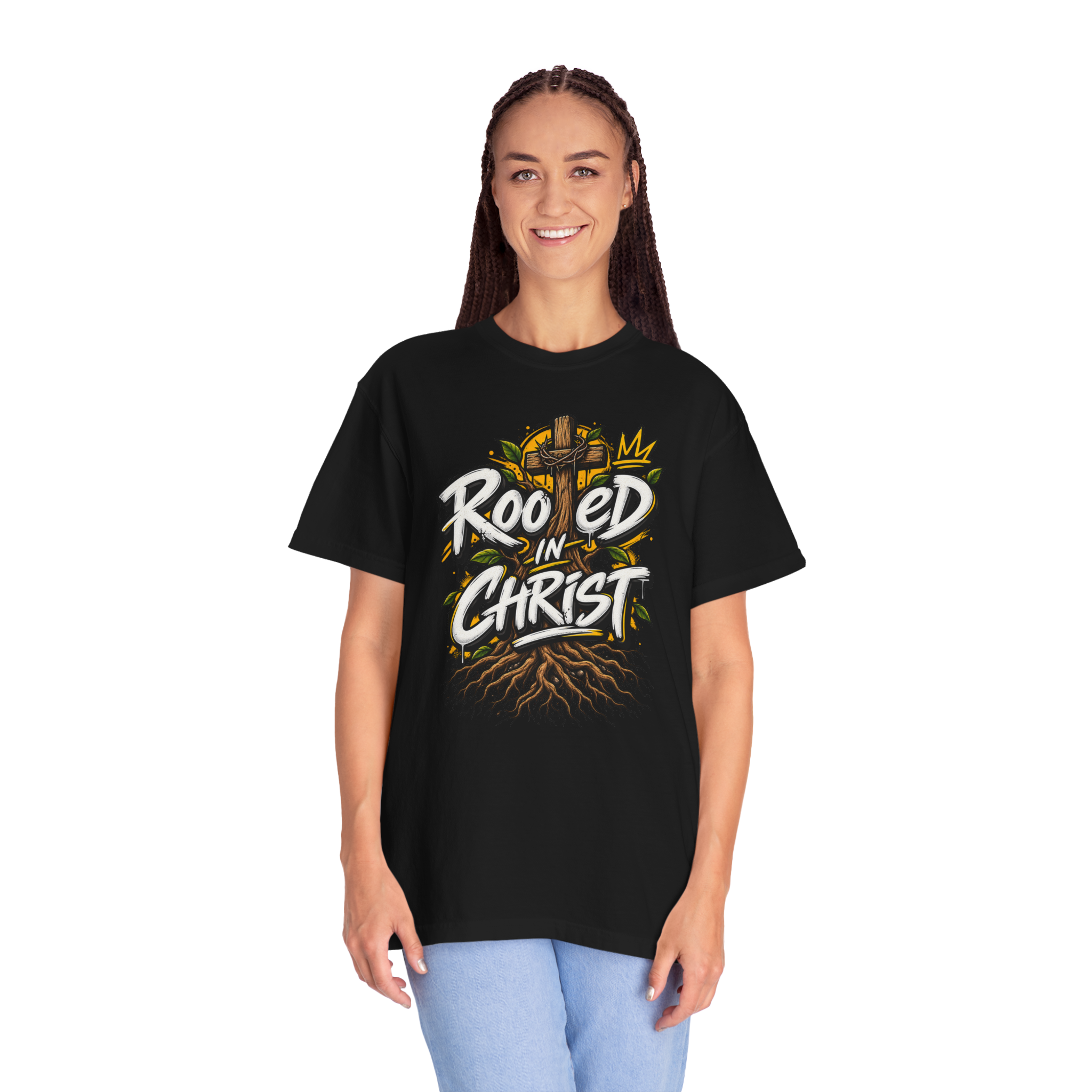 Unisex t-shirt featuring a vibrant graffiti-style 'Rooted in Christ' design with a cross, tree roots, and a crown.