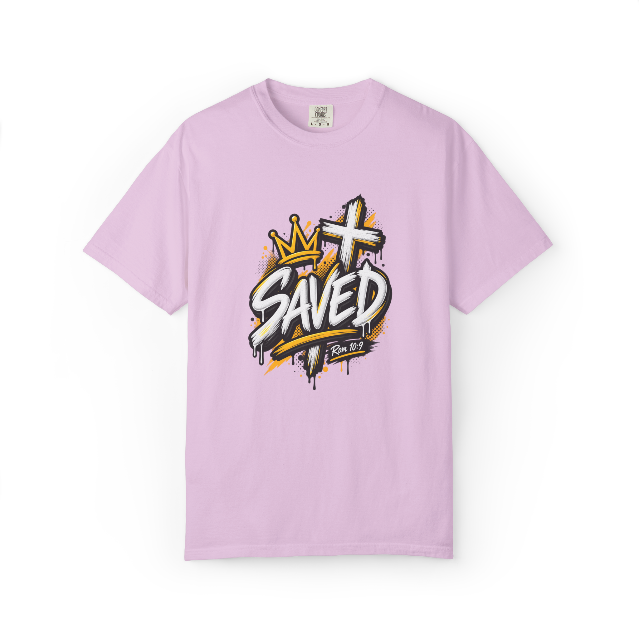 Orchid Unisex black and yellow streetwear t-shirt featuring bold graffiti lettering that reads 'SAVED', a crown, a cross, and 'Rom 10:9'.