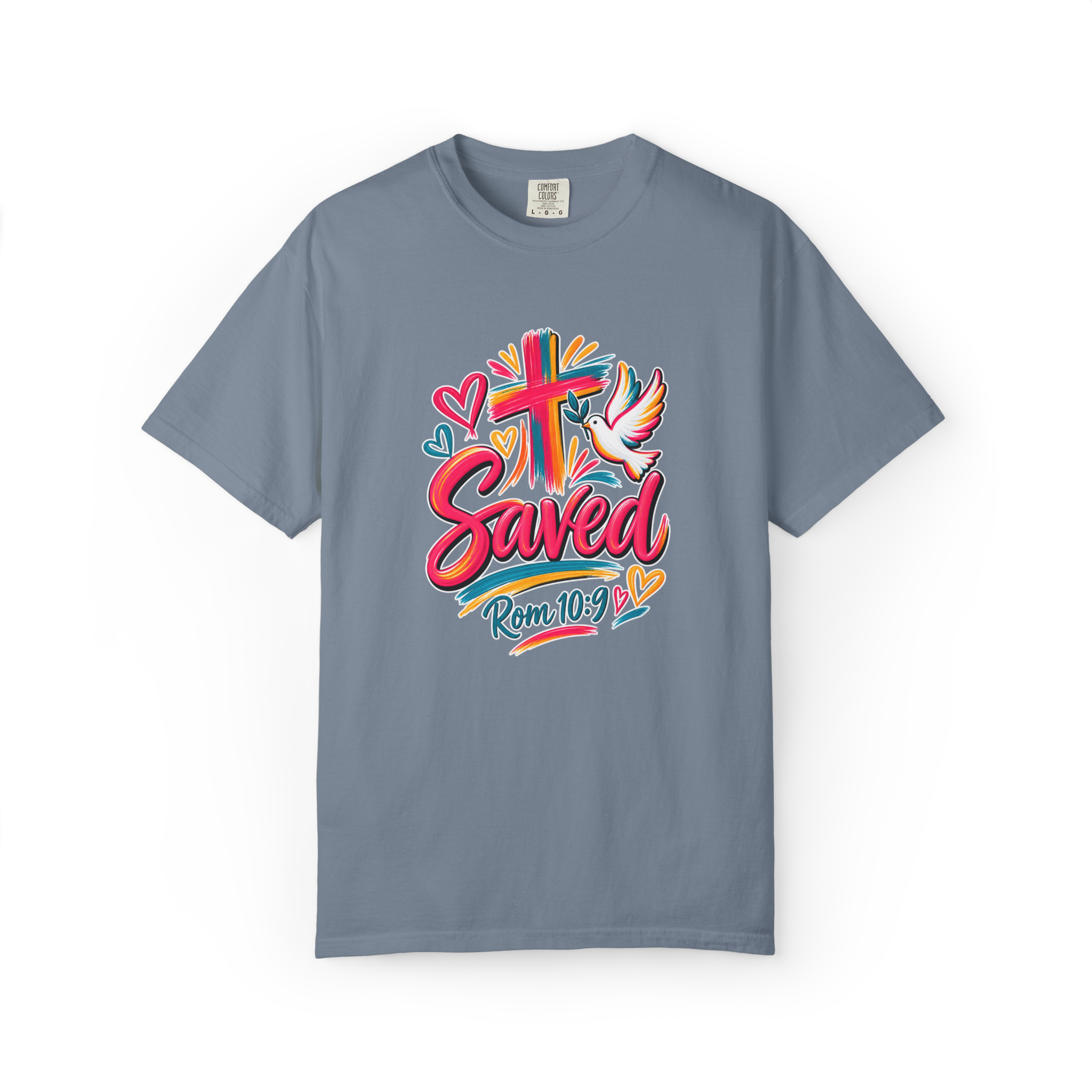 Blue Jean colorful t-shirt featuring bright floral artwork, a cross, a dove holding an olive branch, and the word 'Saved' with 'Rom 10:9'.
