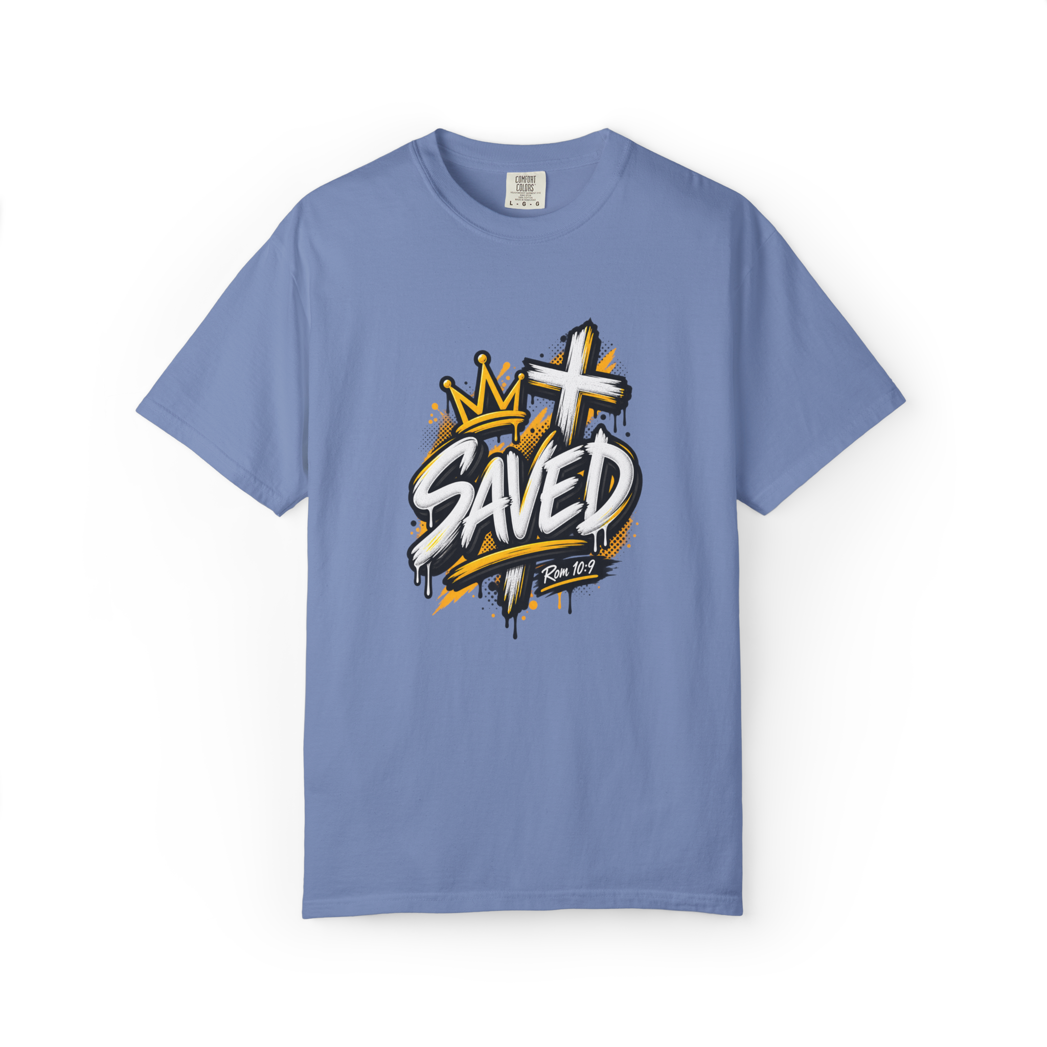 Washed Denim Unisex black and yellow streetwear t-shirt featuring bold graffiti lettering that reads 'SAVED', a crown, a cross, and 'Rom 10:9'.