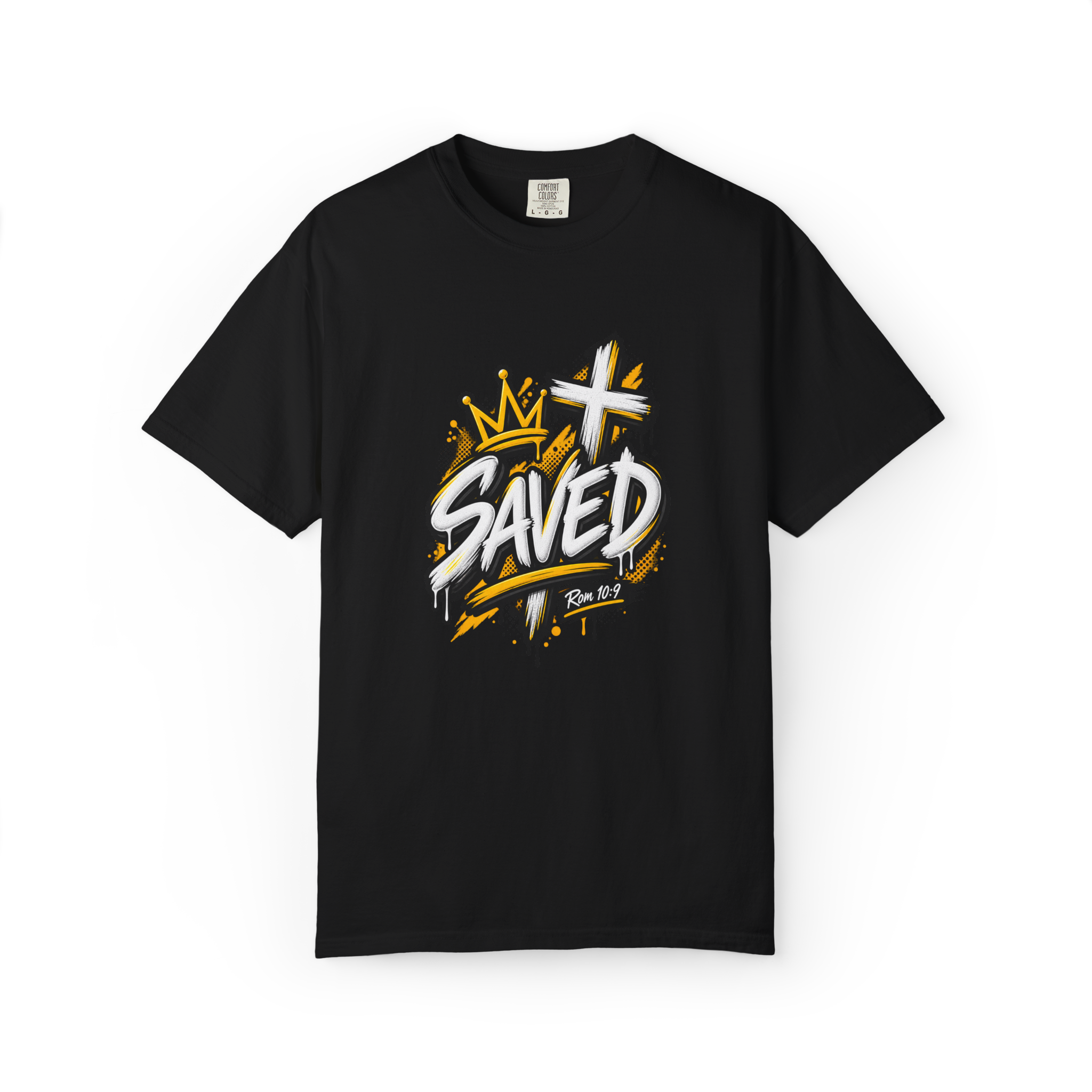 Black Unisex black and yellow streetwear t-shirt featuring bold graffiti lettering that reads 'SAVED', a crown, a cross, and 'Rom 10:9'.