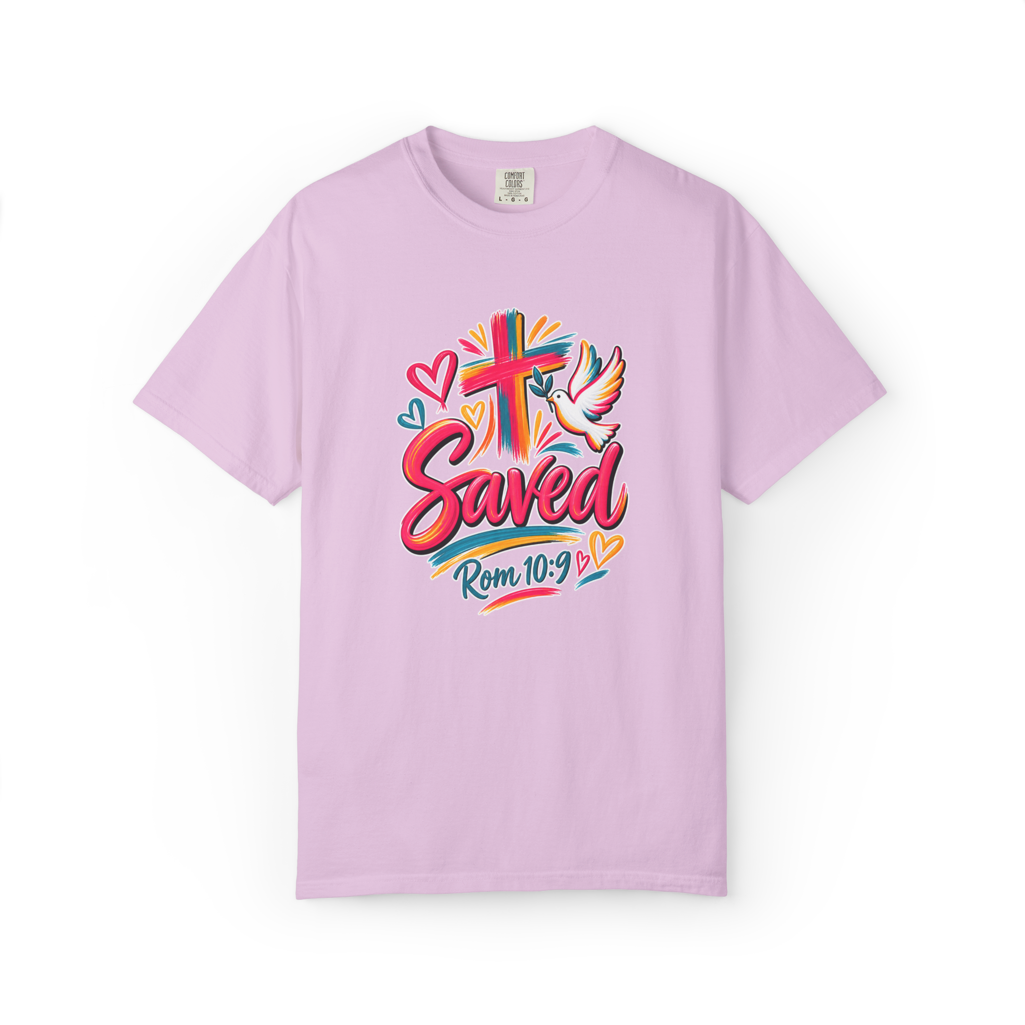 Pink colorful t-shirt featuring bright floral artwork, a cross, a dove holding an olive branch, and the word 'Saved' with 'Rom 10:9'.