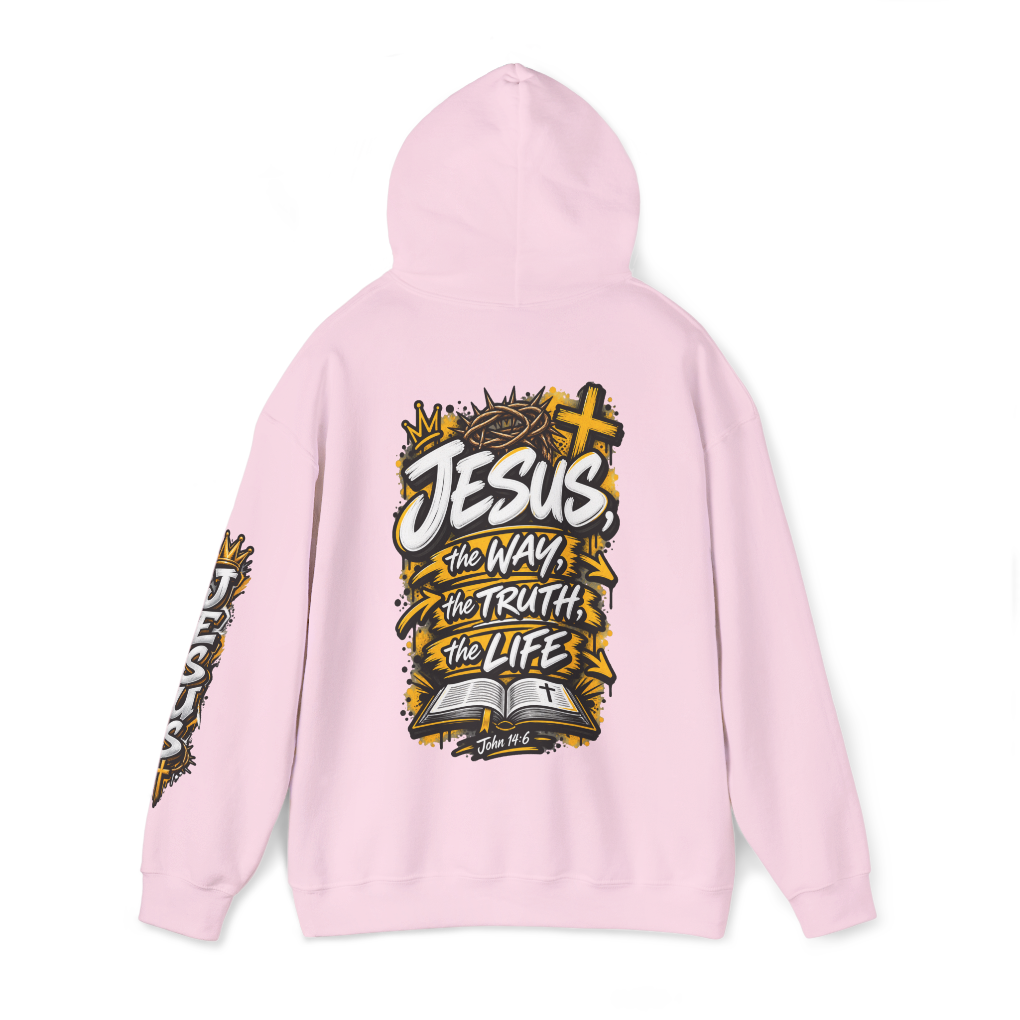 Unisex hoodie with bold yellow and white graffiti art featuring a crown of thorns, a cross, an open Bible, and the text 'Jesus, The Way, The Truth, The Life'