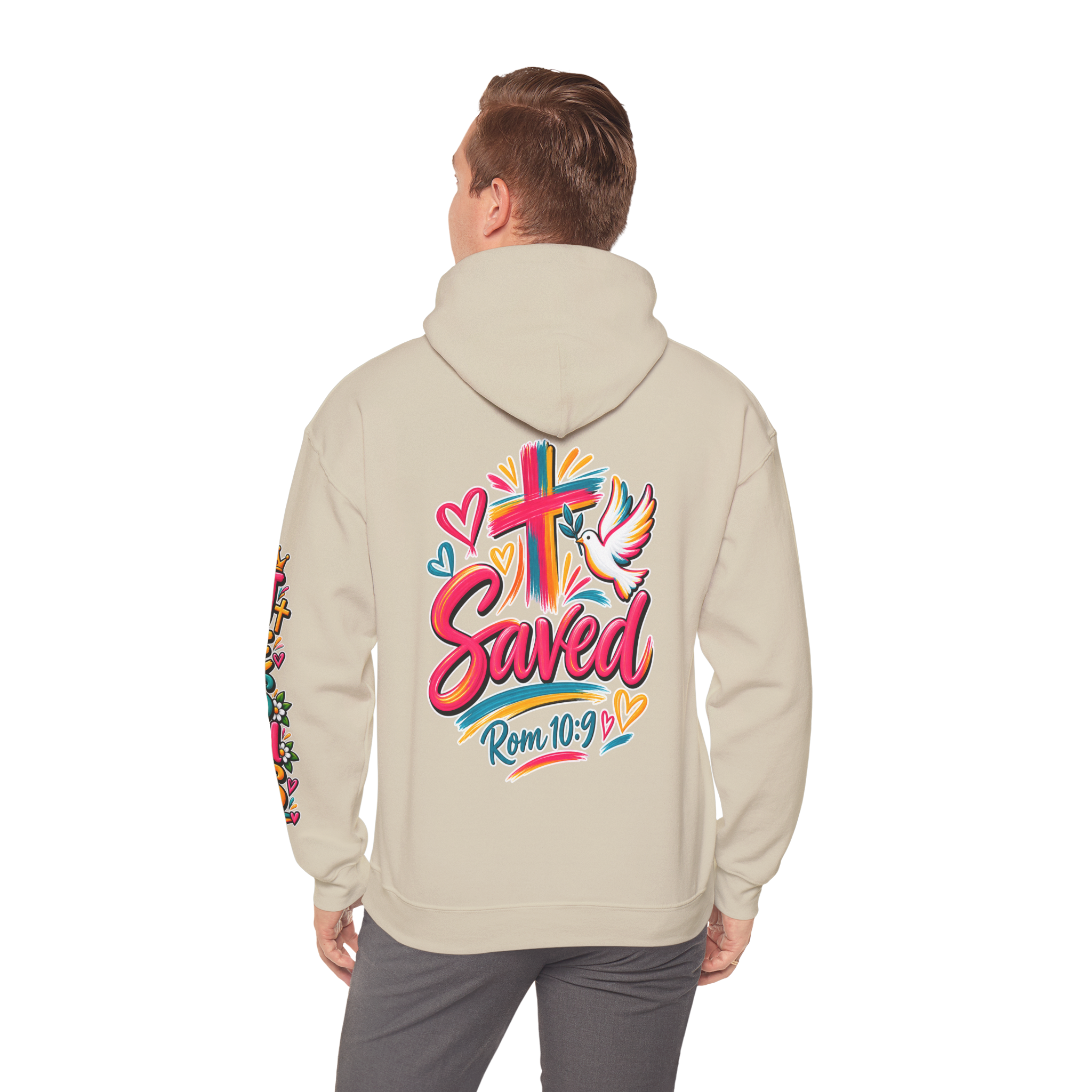Sand Unisex colorful hoodie featuring bright floral artwork, a cross, a dove holding an olive branch, and the word 'Saved' with 'Rom 10:9'.
