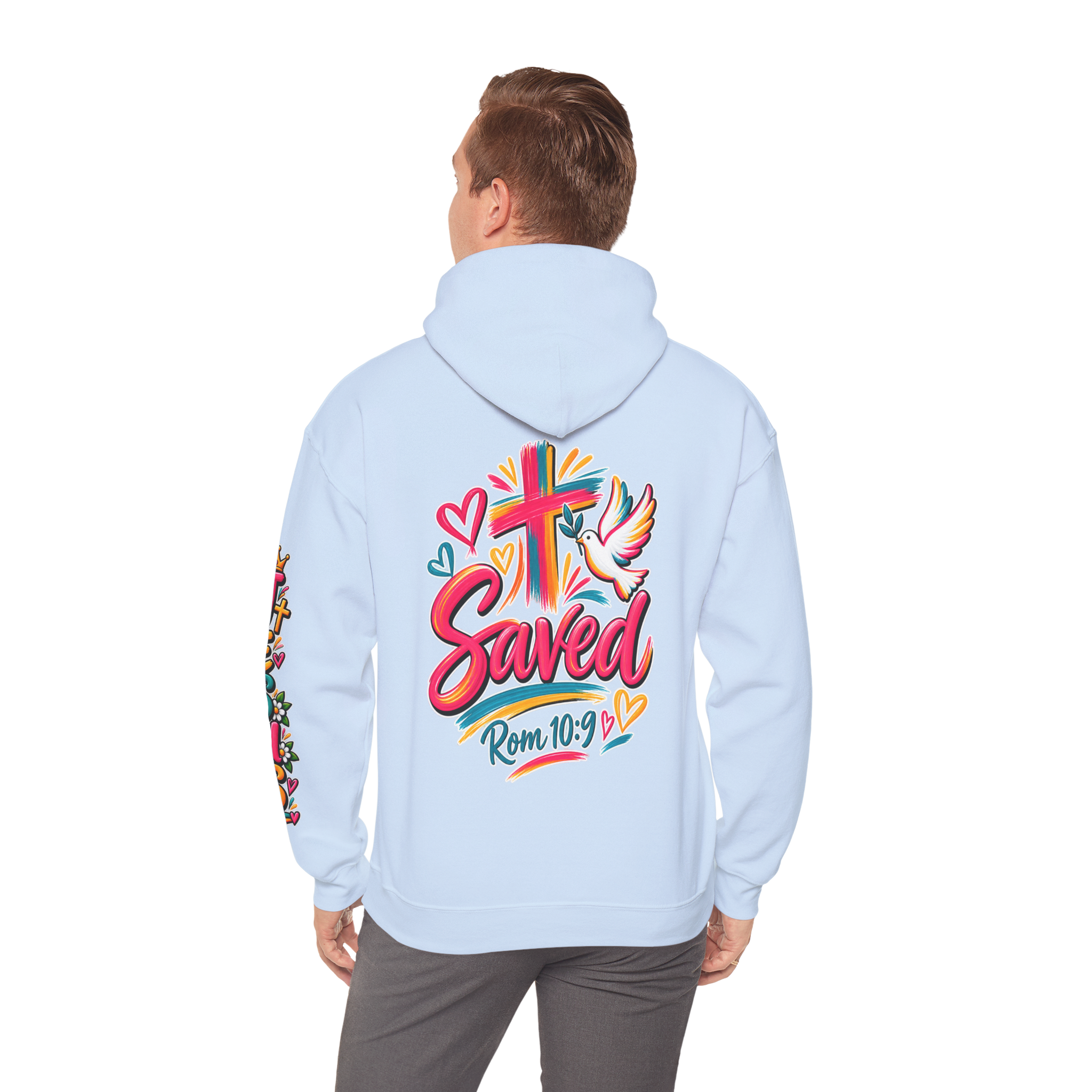 Light Blue Unisex colorful hoodie featuring bright floral artwork, a cross, a dove holding an olive branch, and the word 'Saved' with 'Rom 10:9'.