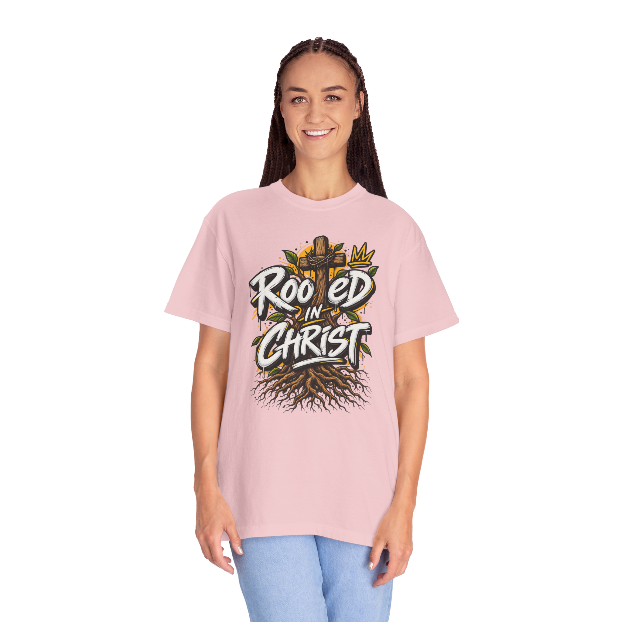 Unisex t-shirt featuring a vibrant graffiti-style 'Rooted in Christ' design with a cross, tree roots, and a crown.
