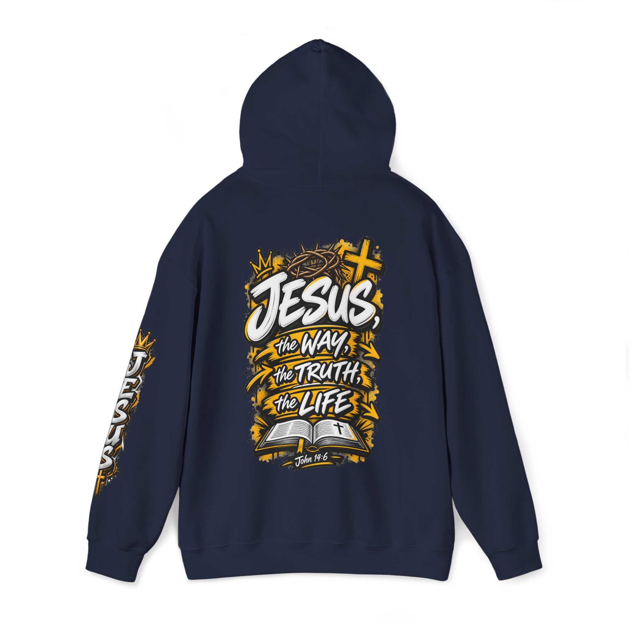 Unisex hoodie with bold yellow and white graffiti art featuring a crown of thorns, a cross, an open Bible, and the text 'Jesus, The Way, The Truth, The Life'.