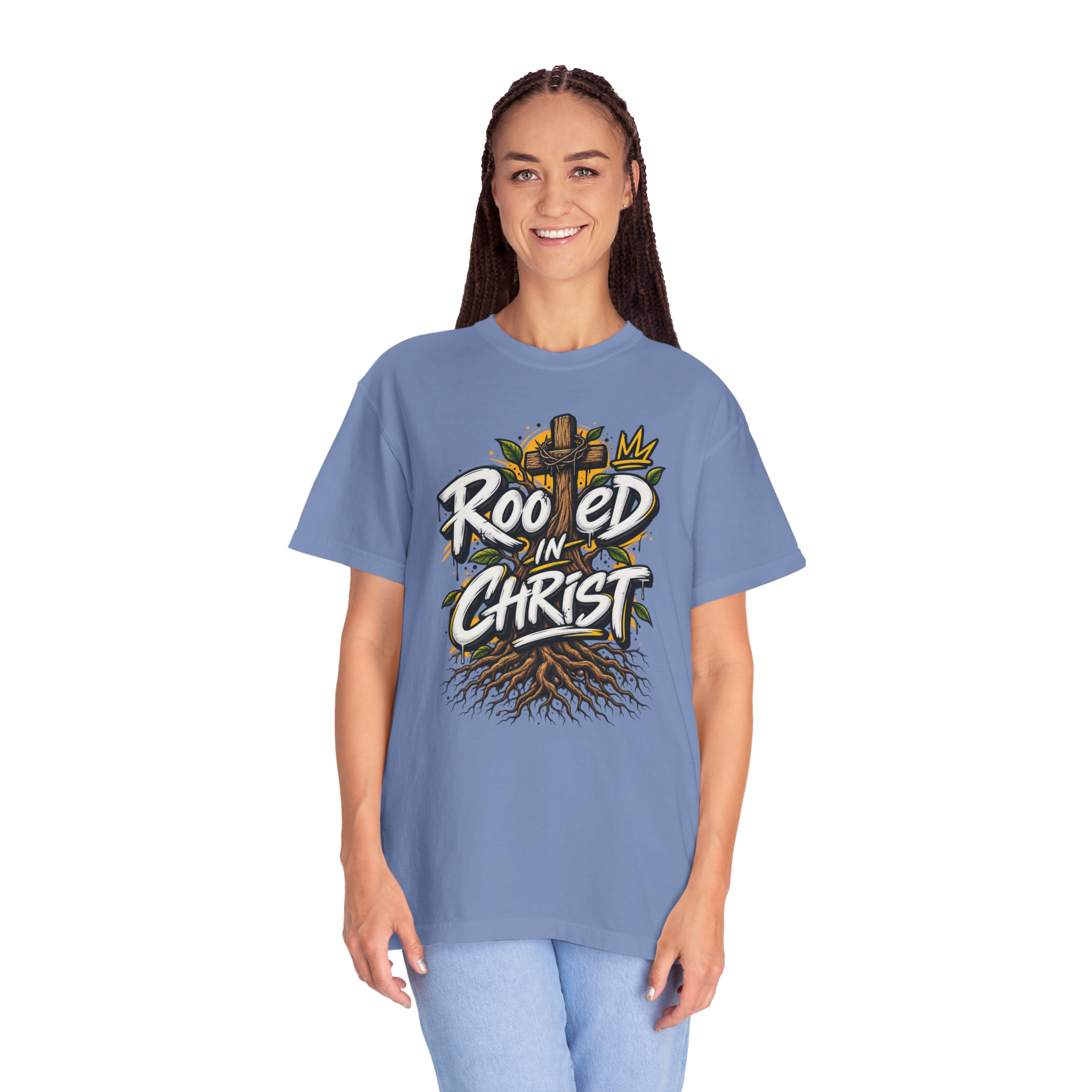 Unisex t-shirt featuring a vibrant graffiti-style 'Rooted in Christ' design with a cross, tree roots, and a crown.