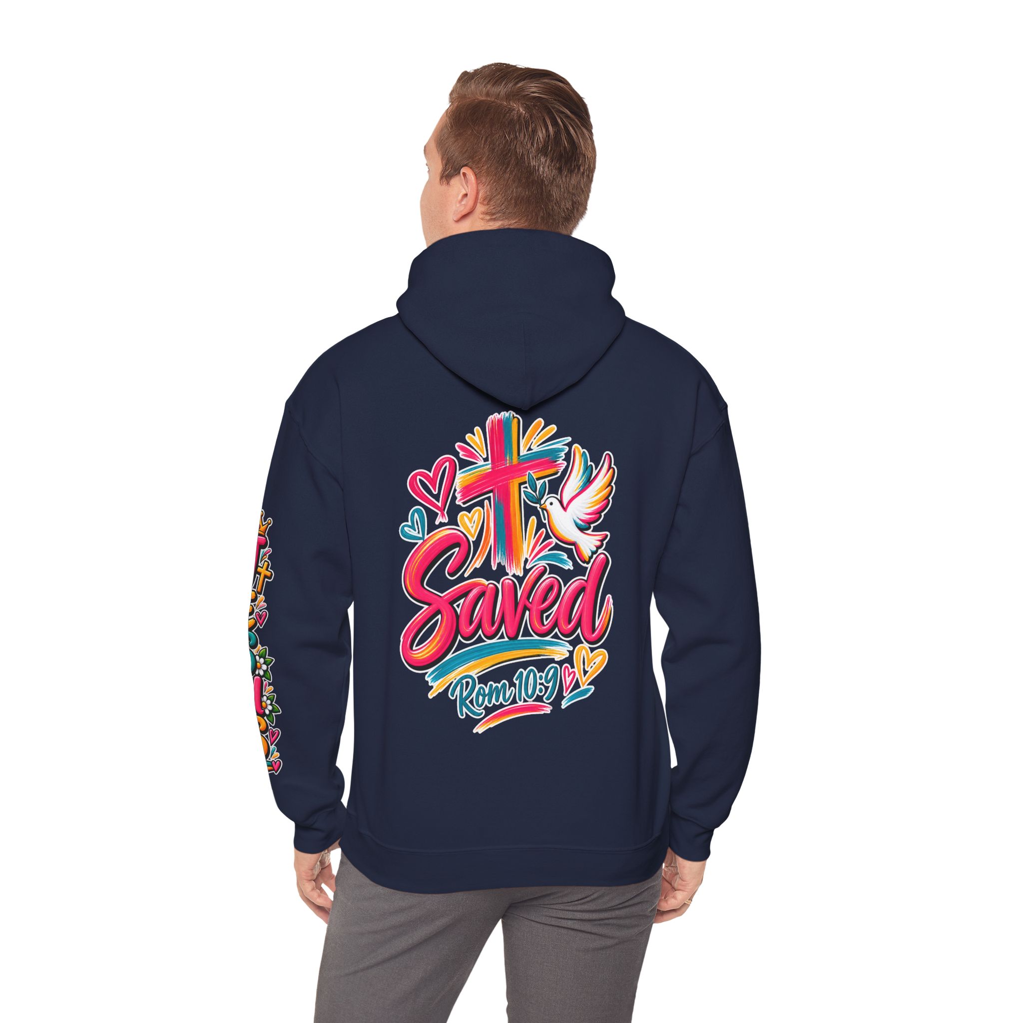 Navy Unisex colorful hoodie featuring bright floral artwork, a cross, a dove holding an olive branch, and the word 'Saved' with 'Rom 10:9'.