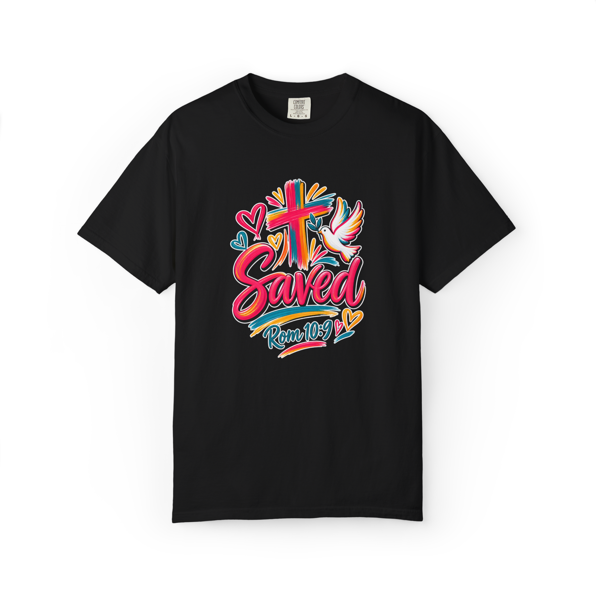 Black colorful t-shirt featuring bright floral artwork, a cross, a dove holding an olive branch, and the word 'Saved' with 'Rom 10:9'.
