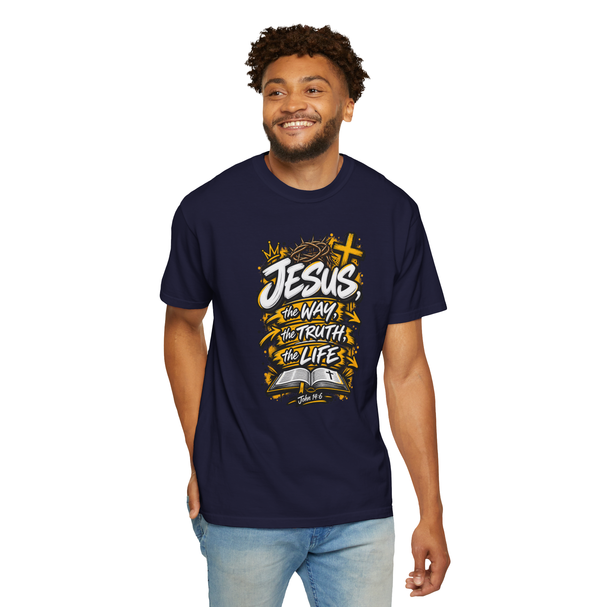 Unisex t-shirt with bold yellow and white graffiti art featuring a crown of thorns, a cross, an open Bible, and the text 'Jesus, The Way, The Truth, The Life'